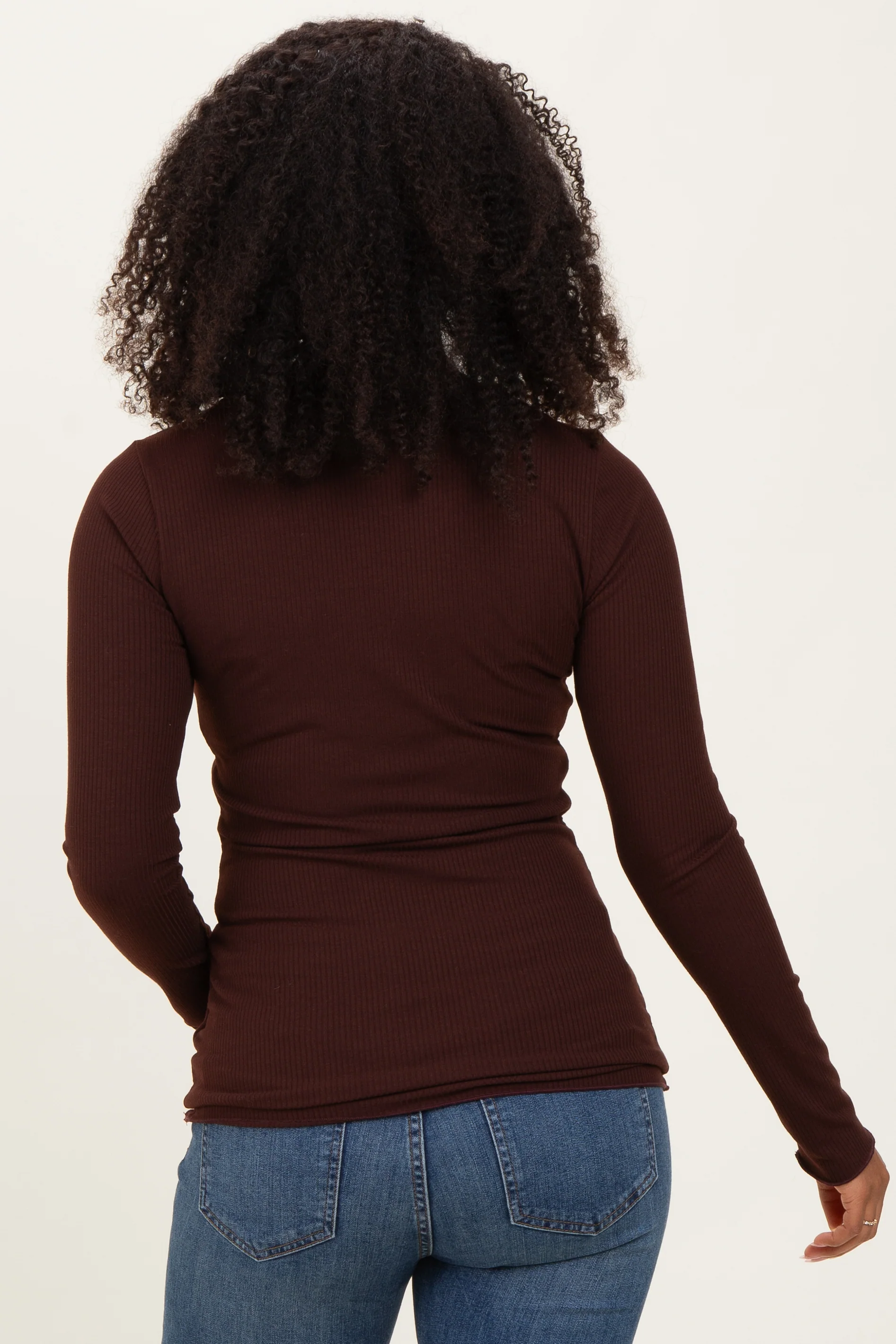 Brown Ribbed Long Sleeve Lettuce Trim Top - Image 4