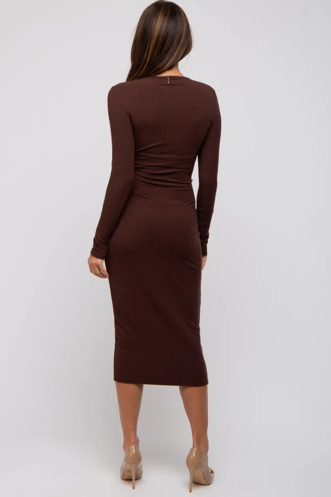 Brown Ribbed Long Sleeve Wrap Dress - Image 3