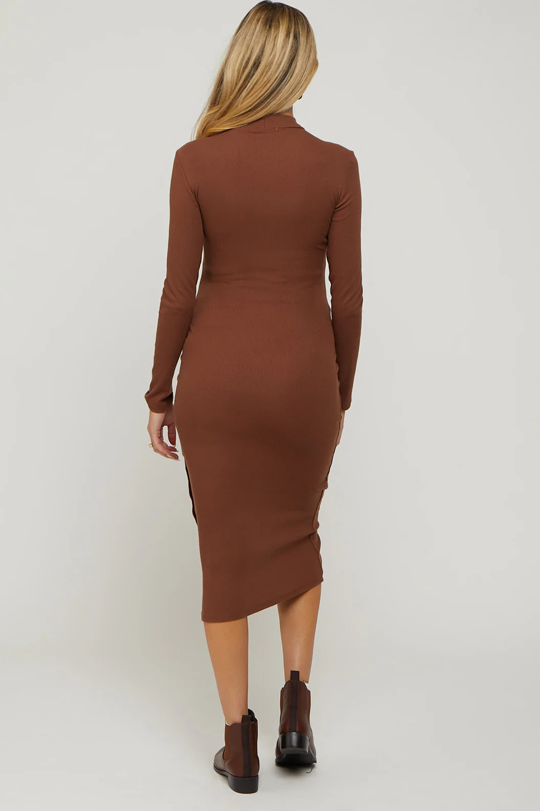 Brown Ribbed Mock Neck Button Side Slit Maternity Midi Dress - Image 3