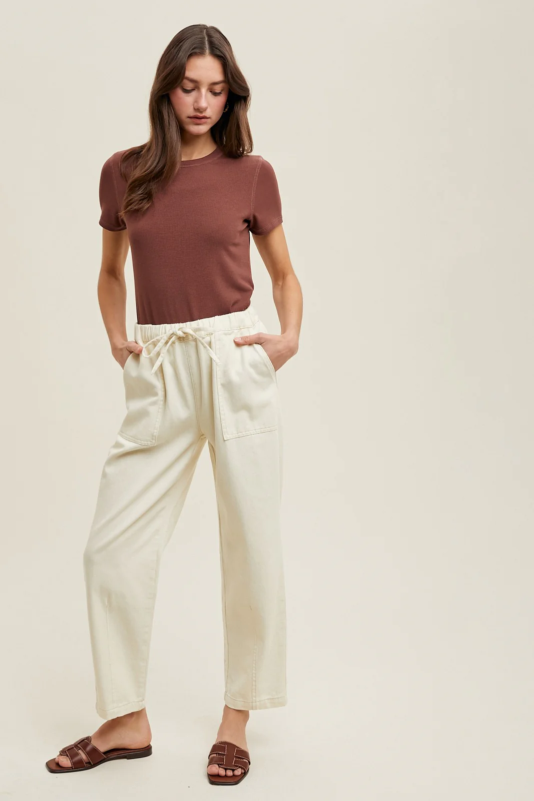Brown Ribbed Short Sleeve Curved Hem Top - Image 4