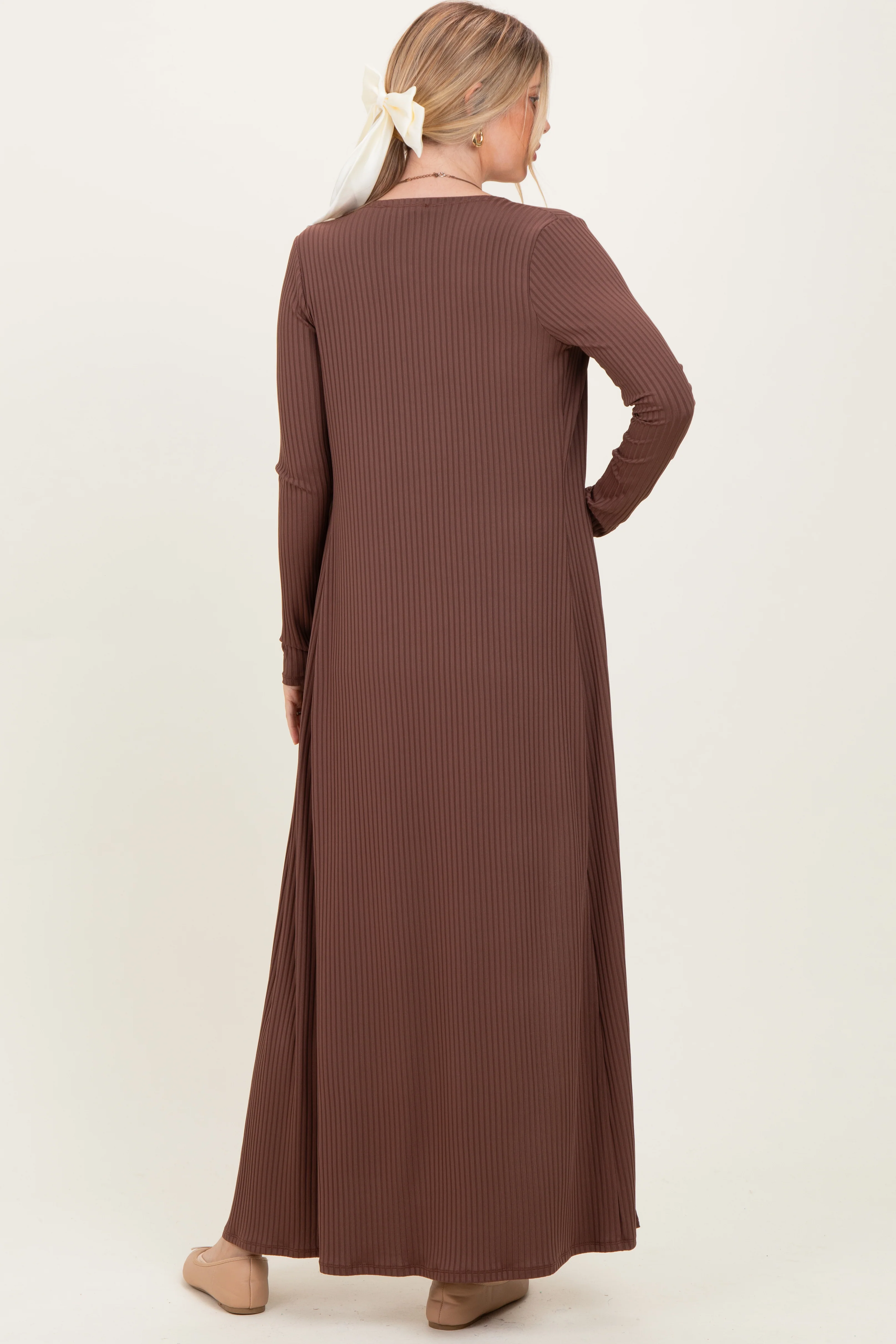Brown Ribbed Sleeveless Dress Cardigan Set - Image 4