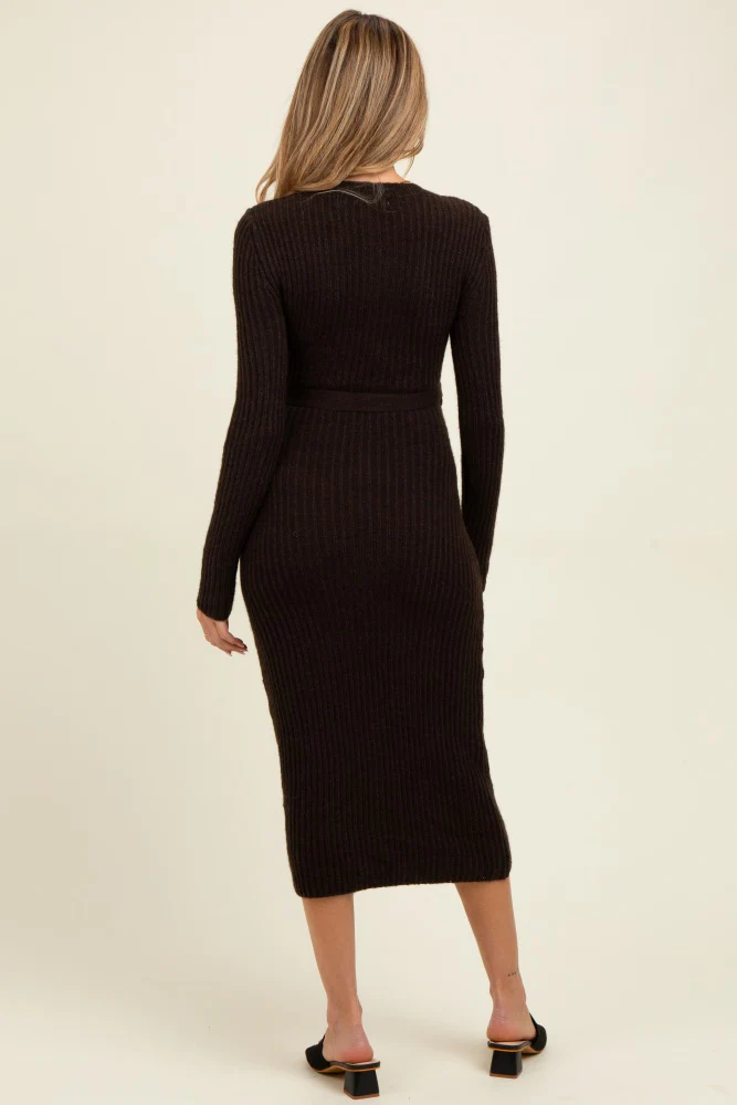 Brown Ribbed Tie Waist Maternity Sweater Dress - Image 3