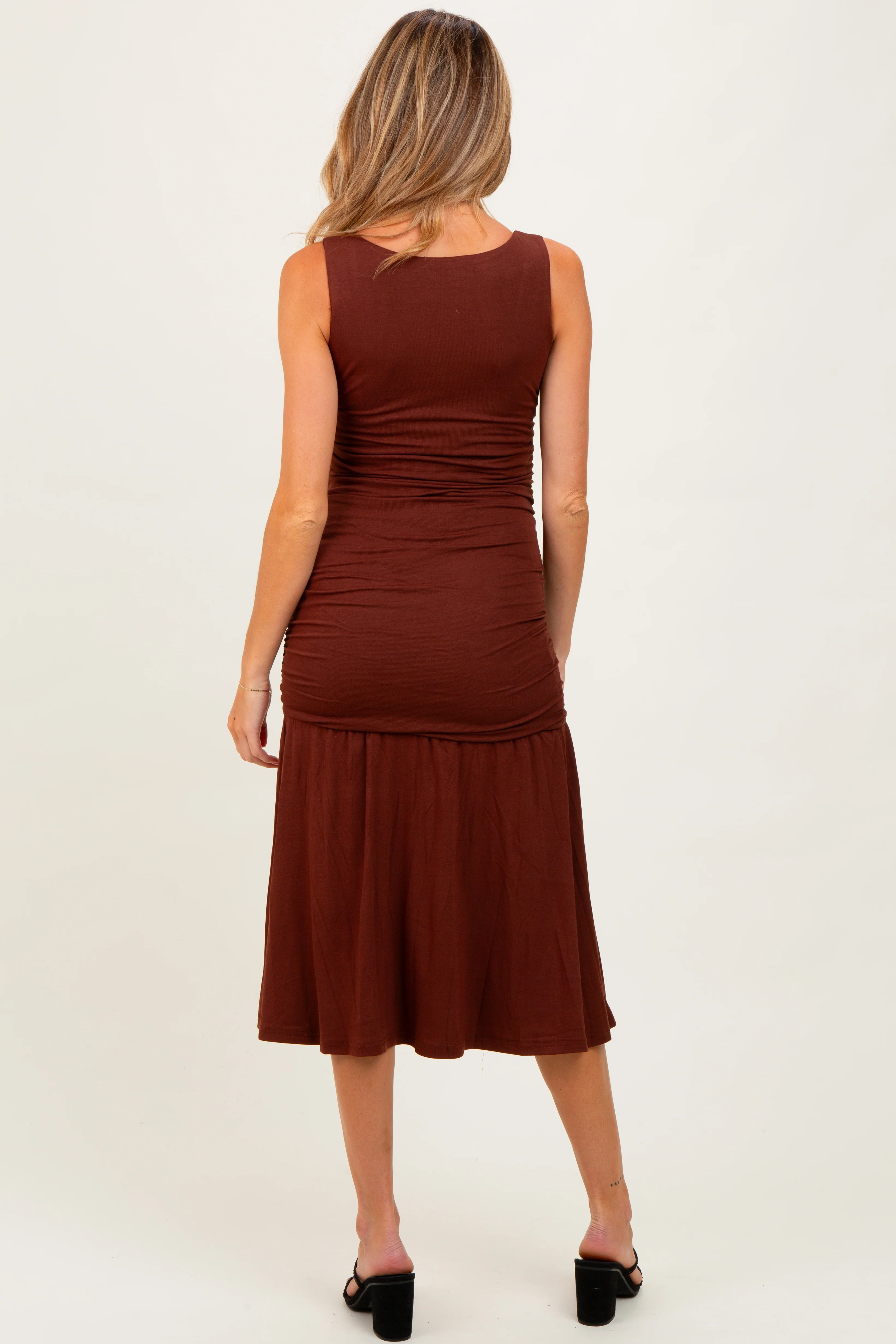 Brown Ruched Drop Waist Sleeveless Maternity Midi Dress - Image 3