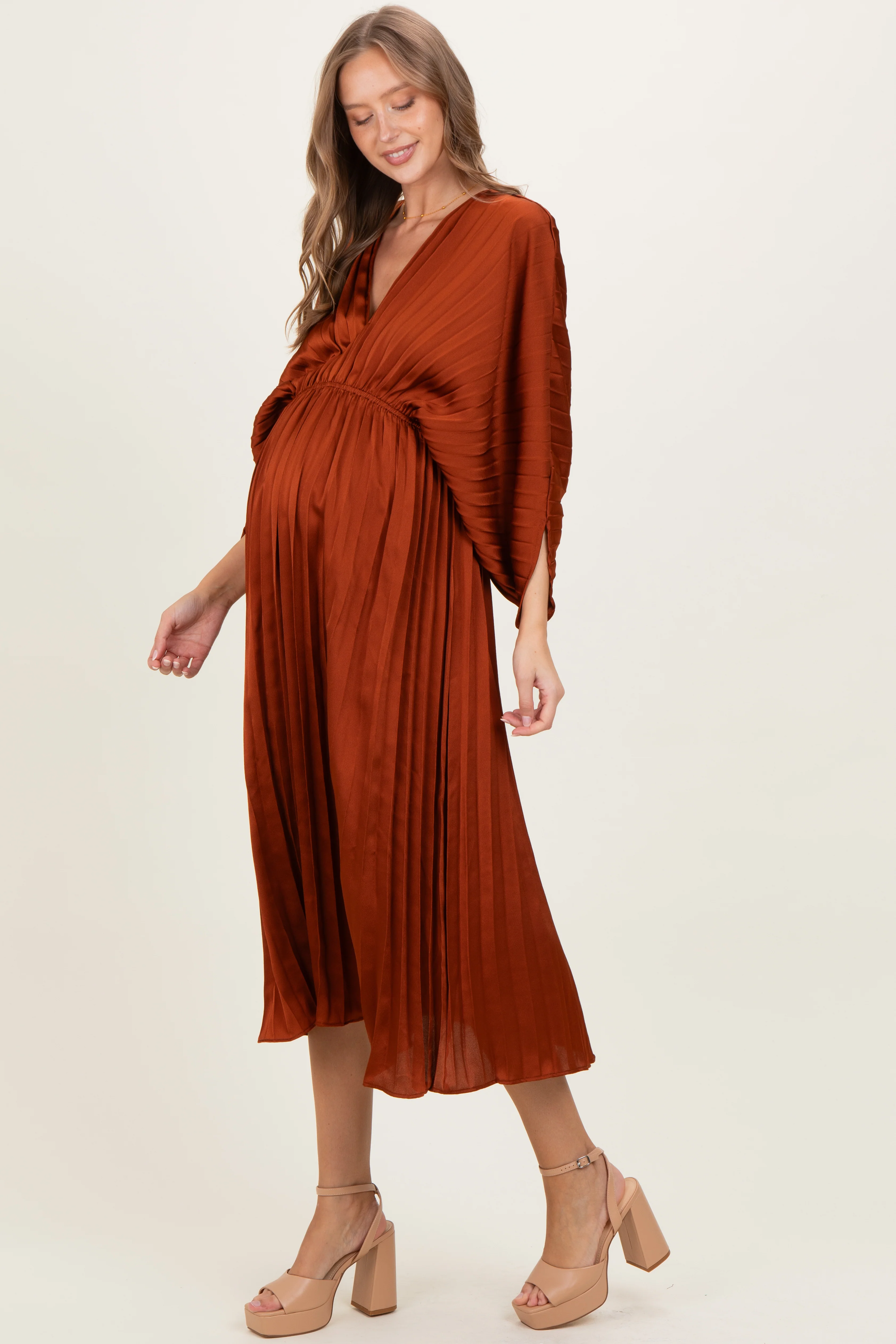 Brown Satin Pleated V-Neck Maternity Maxi Dress - Image 3