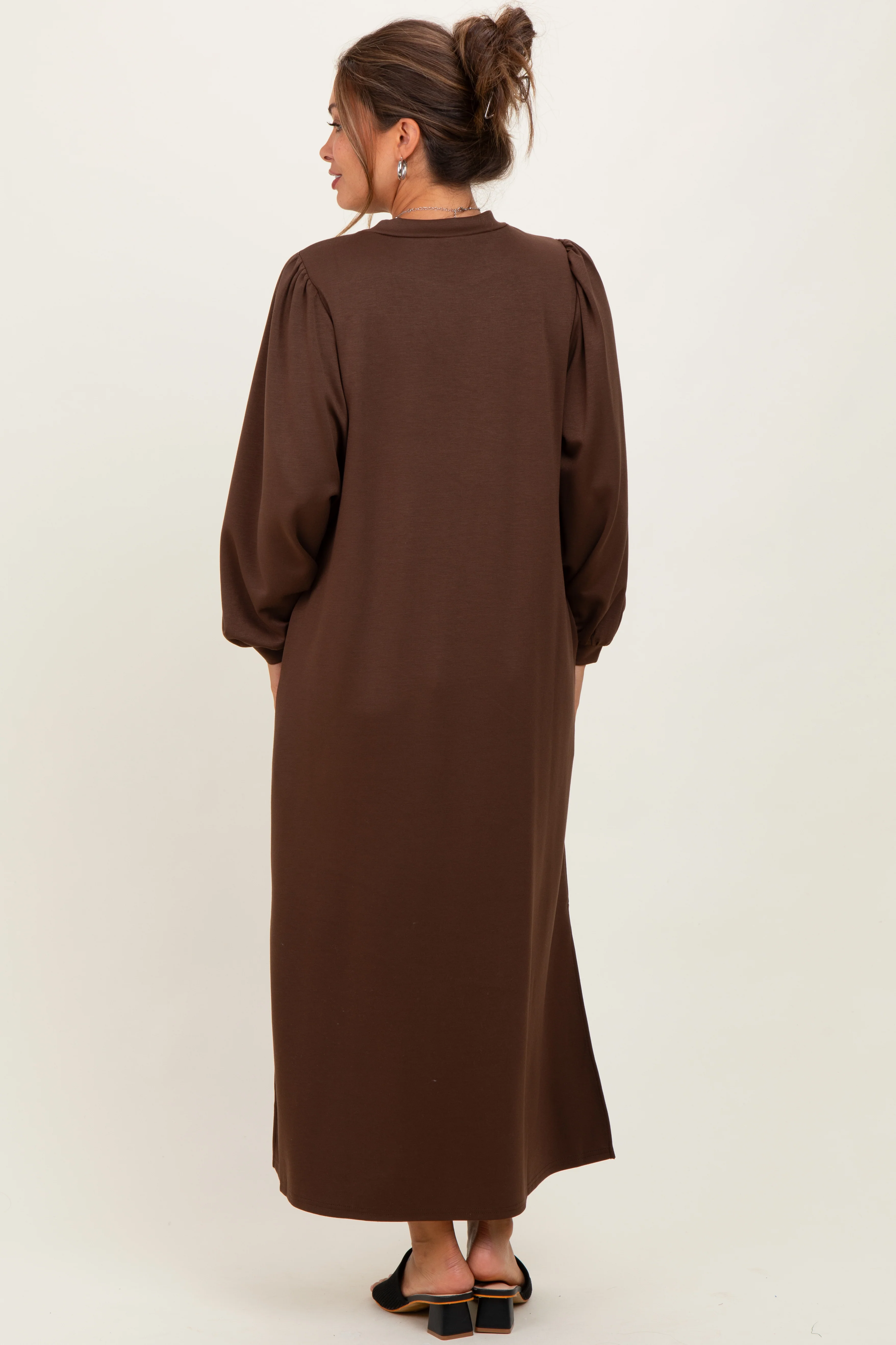 Brown Side Slit Detail Solid Maternity Midi Dress - Image 3