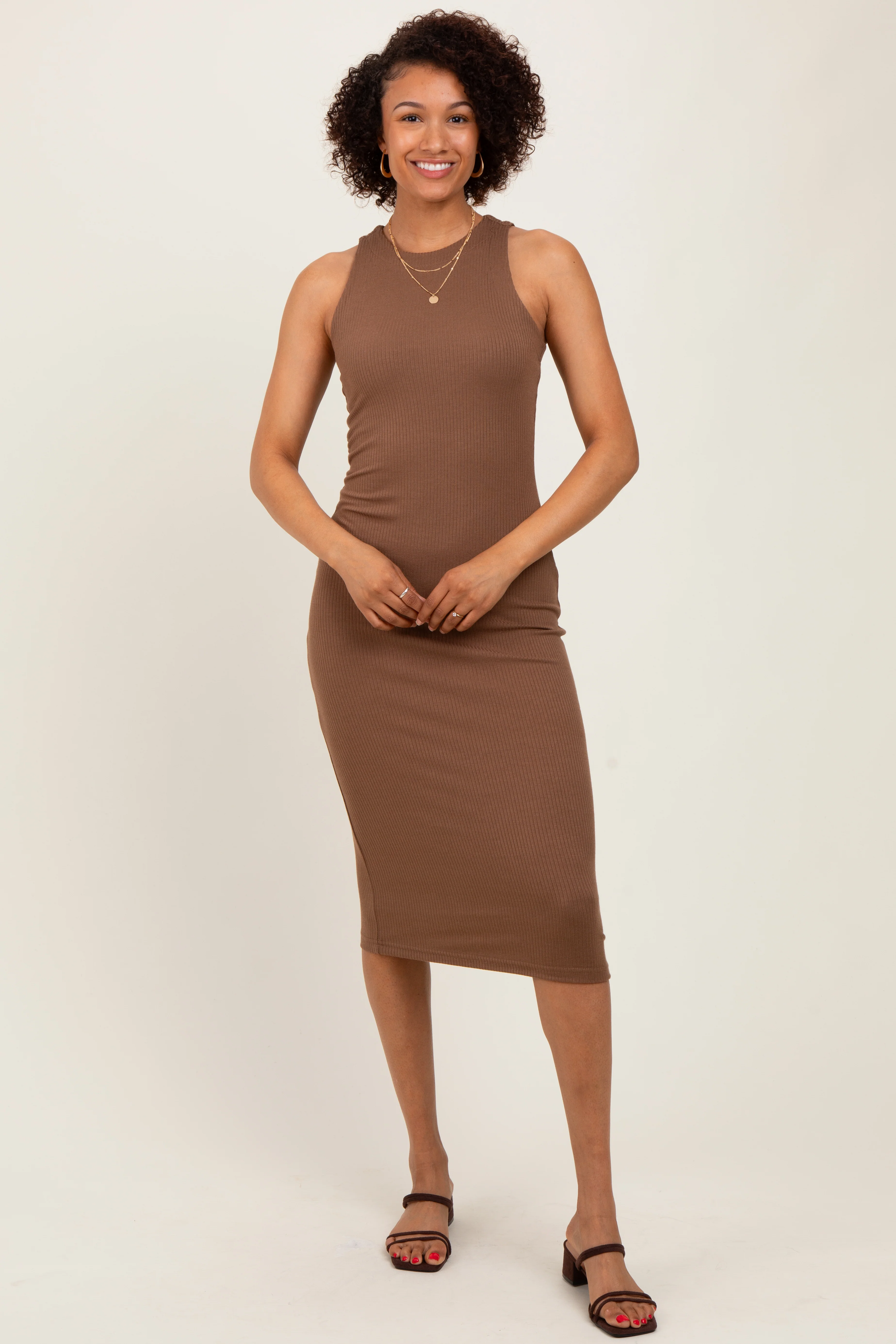 Brown Sleeveless Ribbed Knit Maternity Midi Dress - Image 4