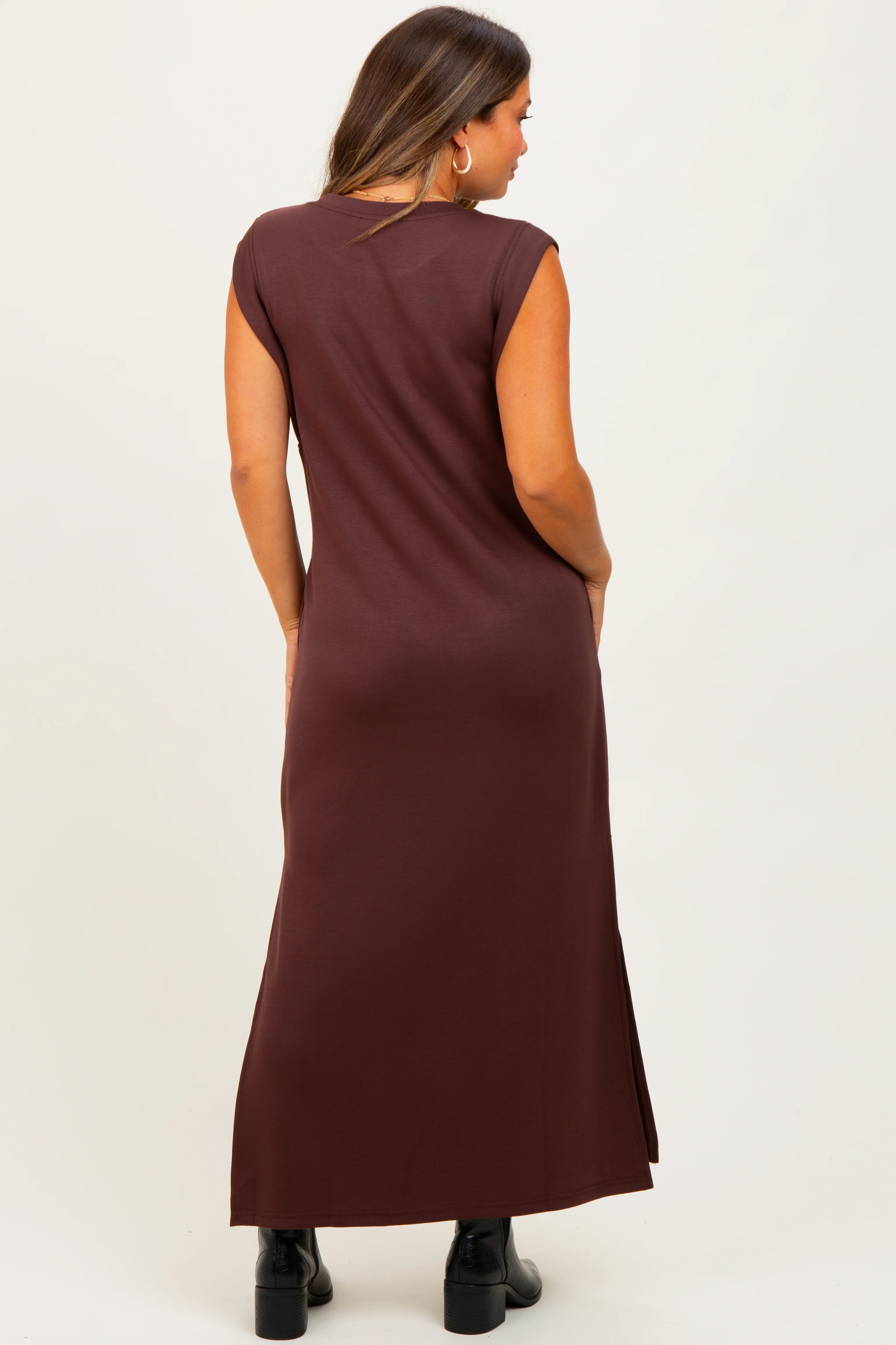 Brown Sleeveless Side Slit Maternity Midi Dress - Image 4