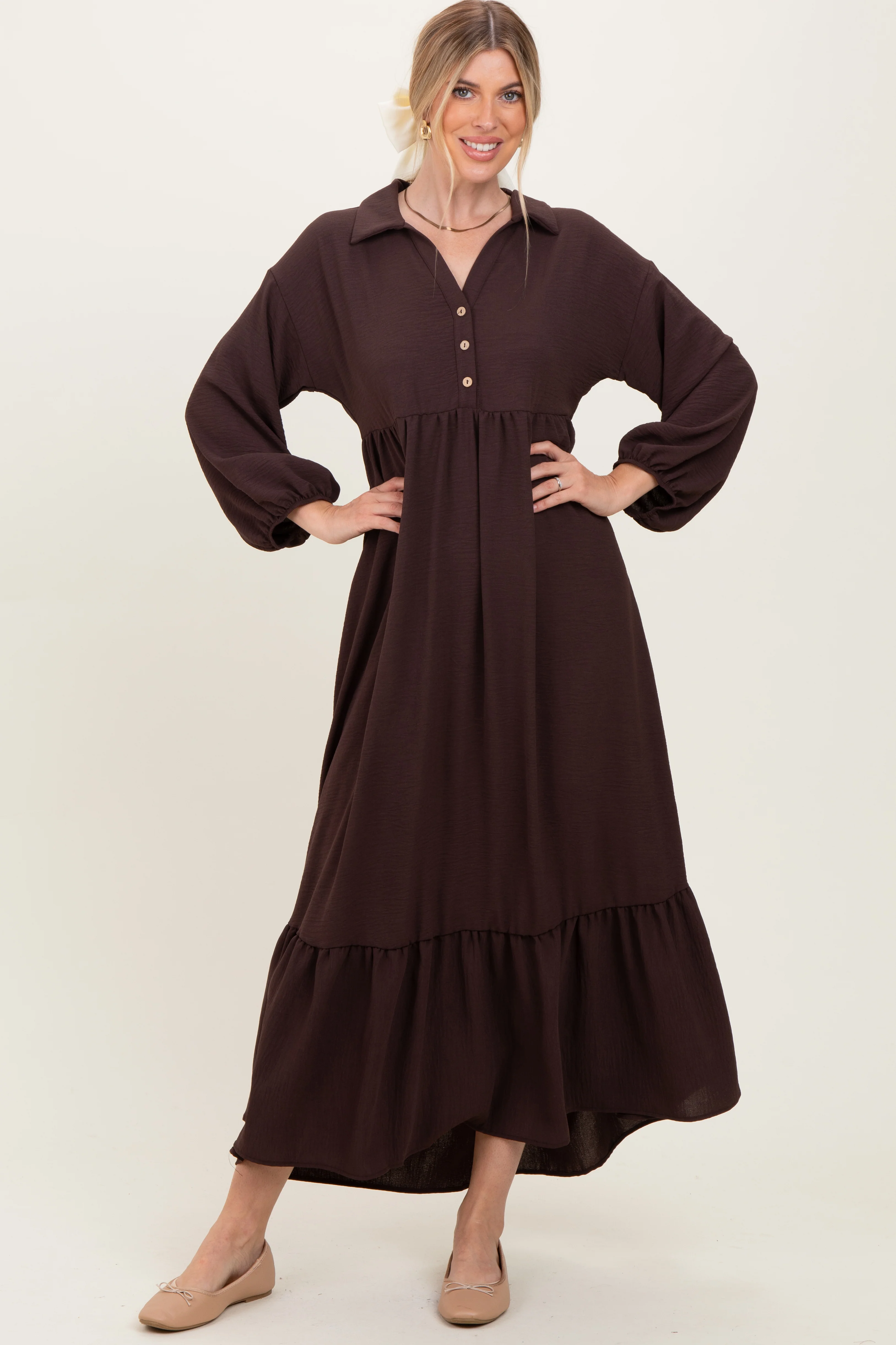 Brown Solid Long Sleeve Button Down Tiered Collared Dress - Image 2