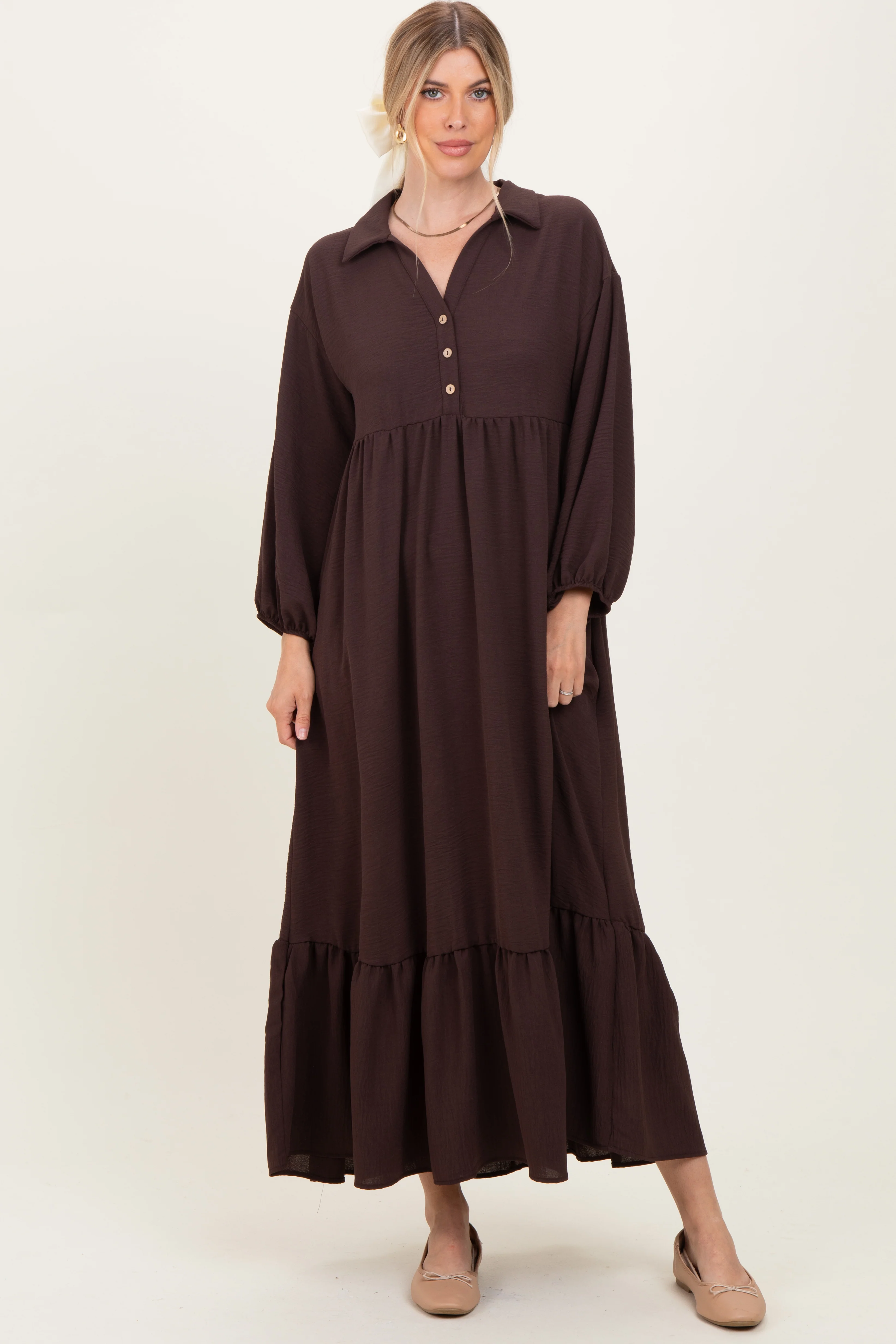 Brown Solid Long Sleeve Button Down Tiered Collared Maternity Dress - Image 5