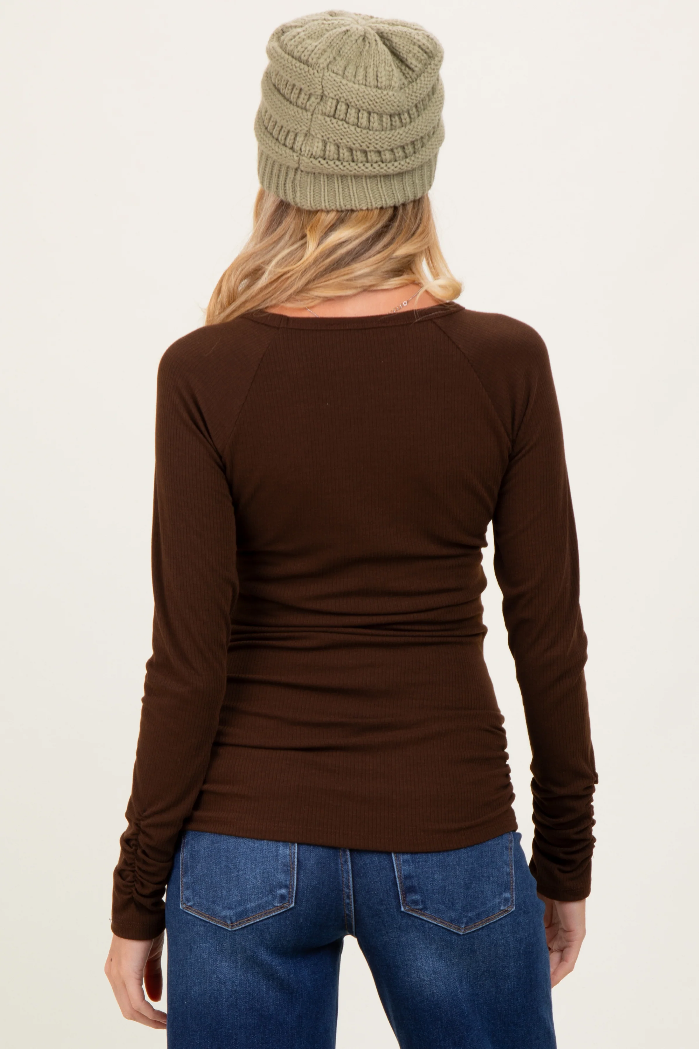 Brown Solid Ribbed Ruched Long Sleeve Maternity Top - Image 4