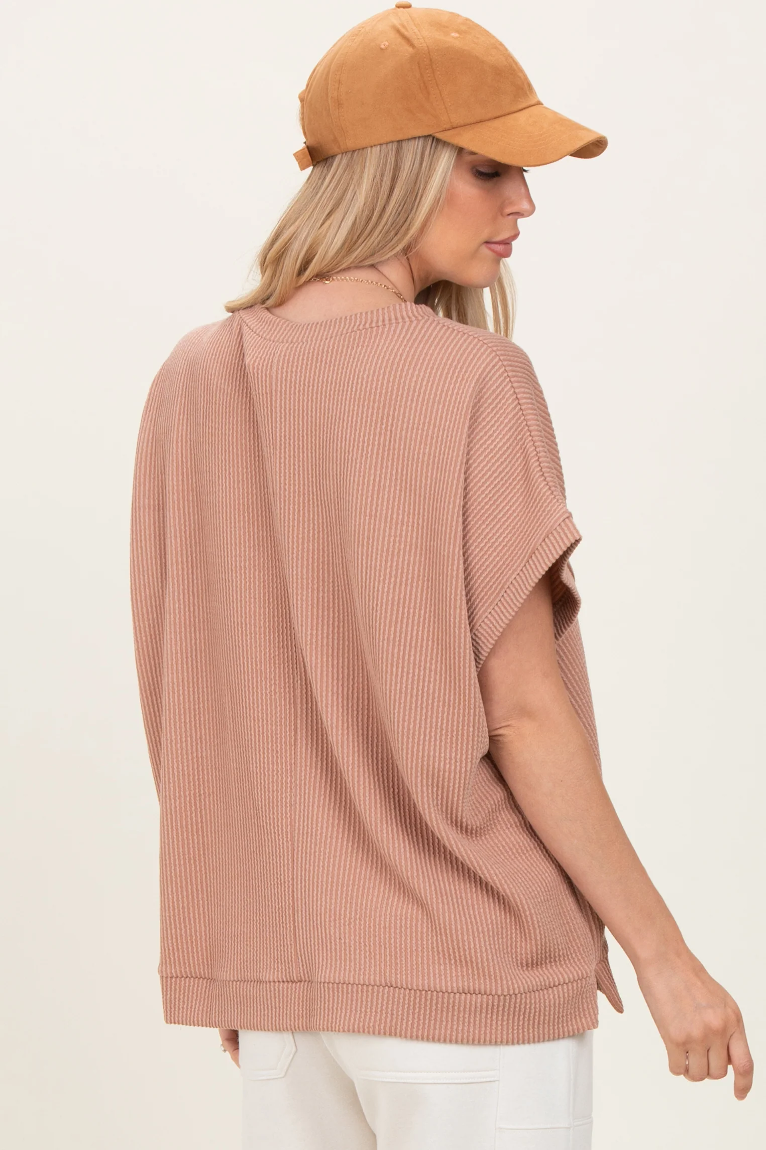 Brown Solid Ribbed Short Sleeve Oversized Tunic Top - Image 3