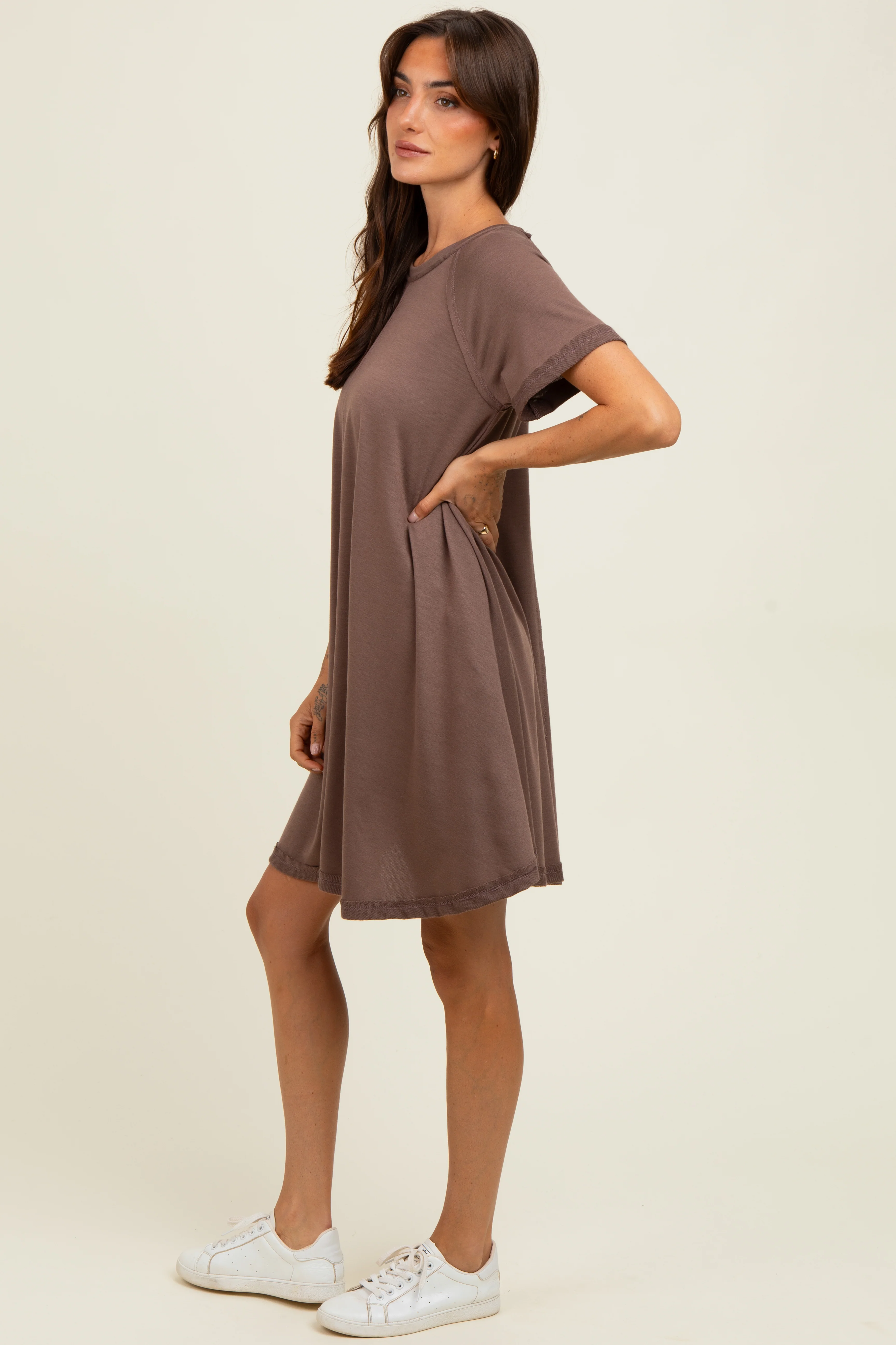 Brown Solid T-shirt Mini Dress - Image 3