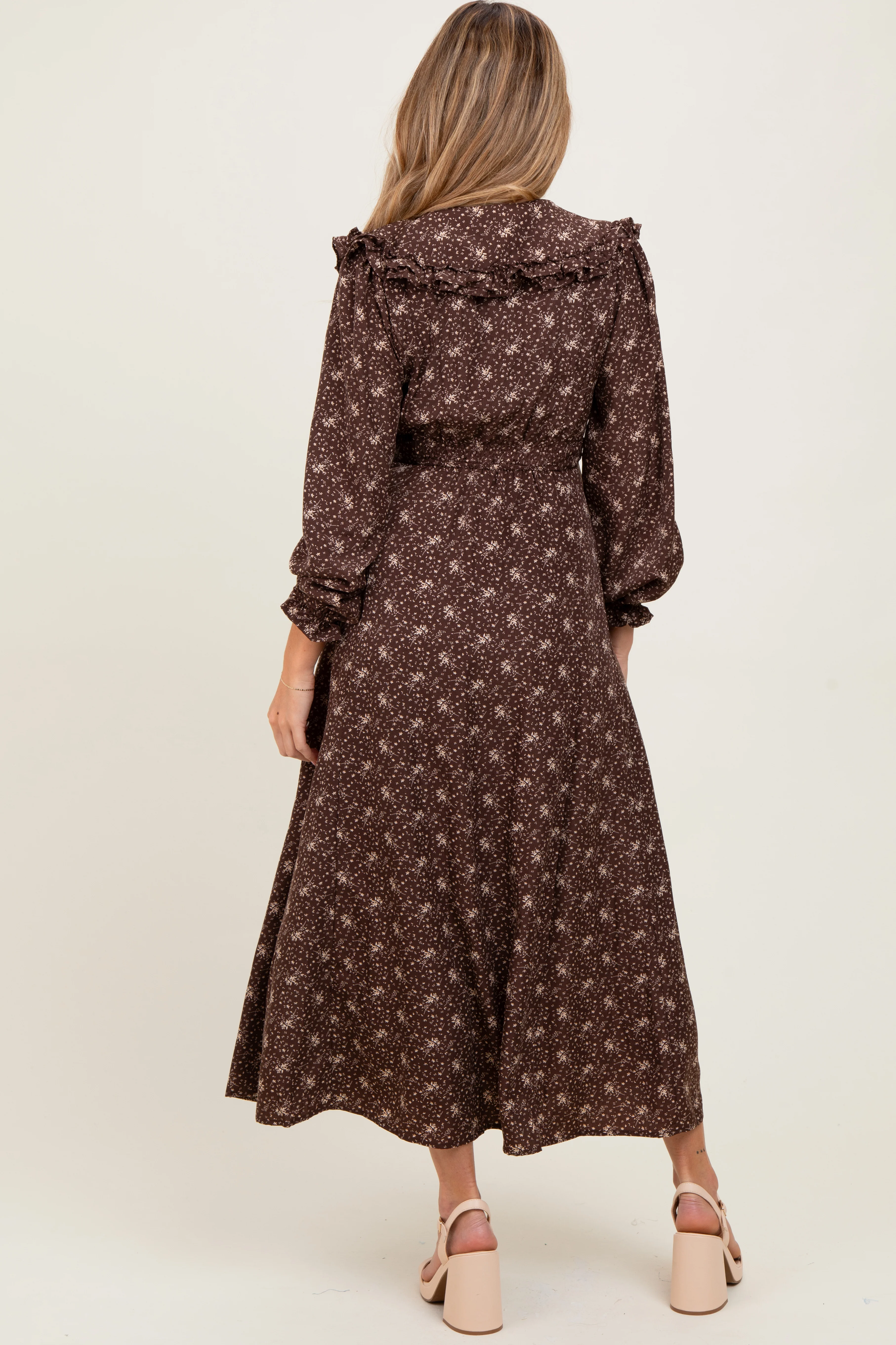 Brown Statement Collar Button Down Maternity Maxi Dress - Image 3