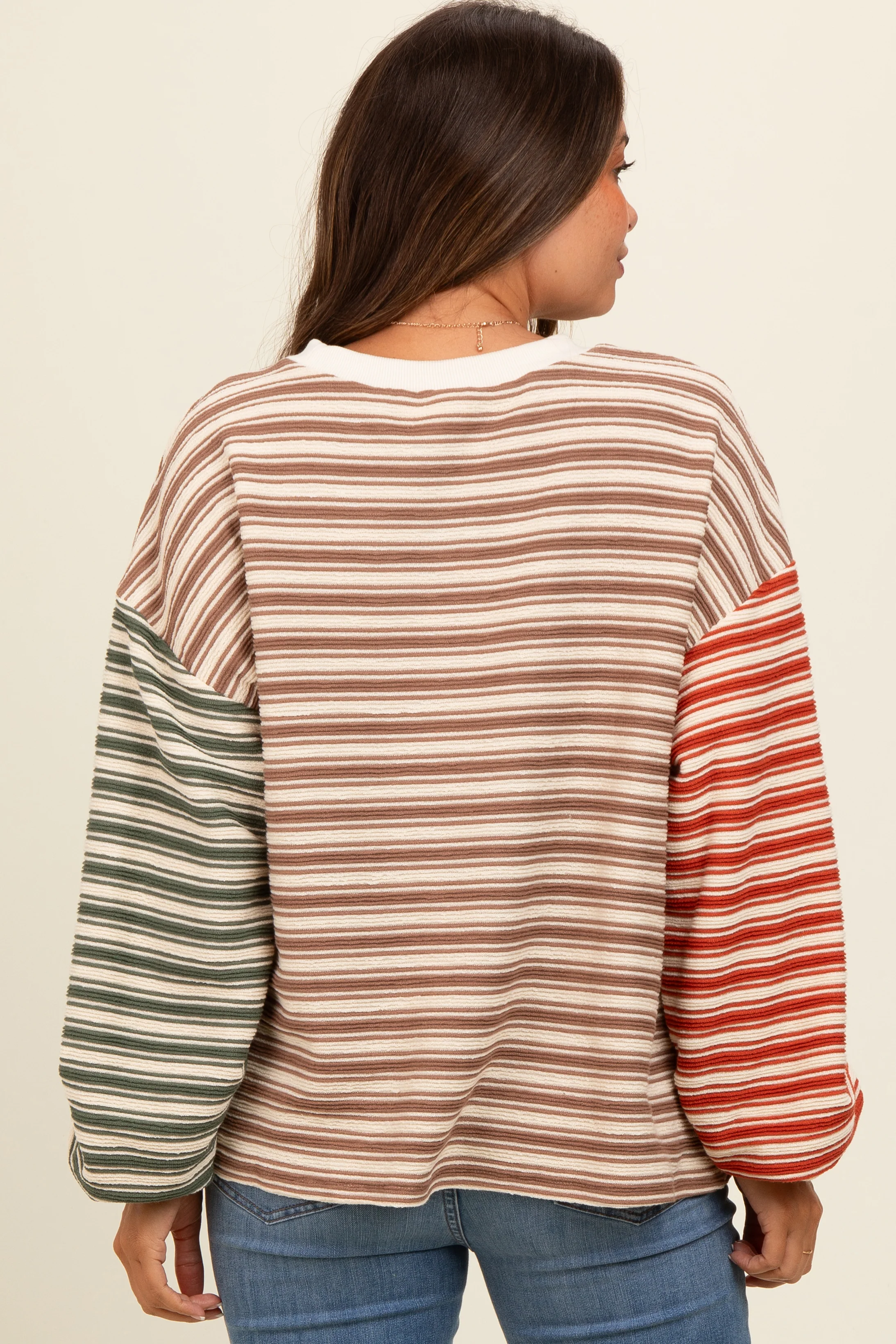 Brown Striped Colorblock Bubble Sleeve Maternity Top - Image 3