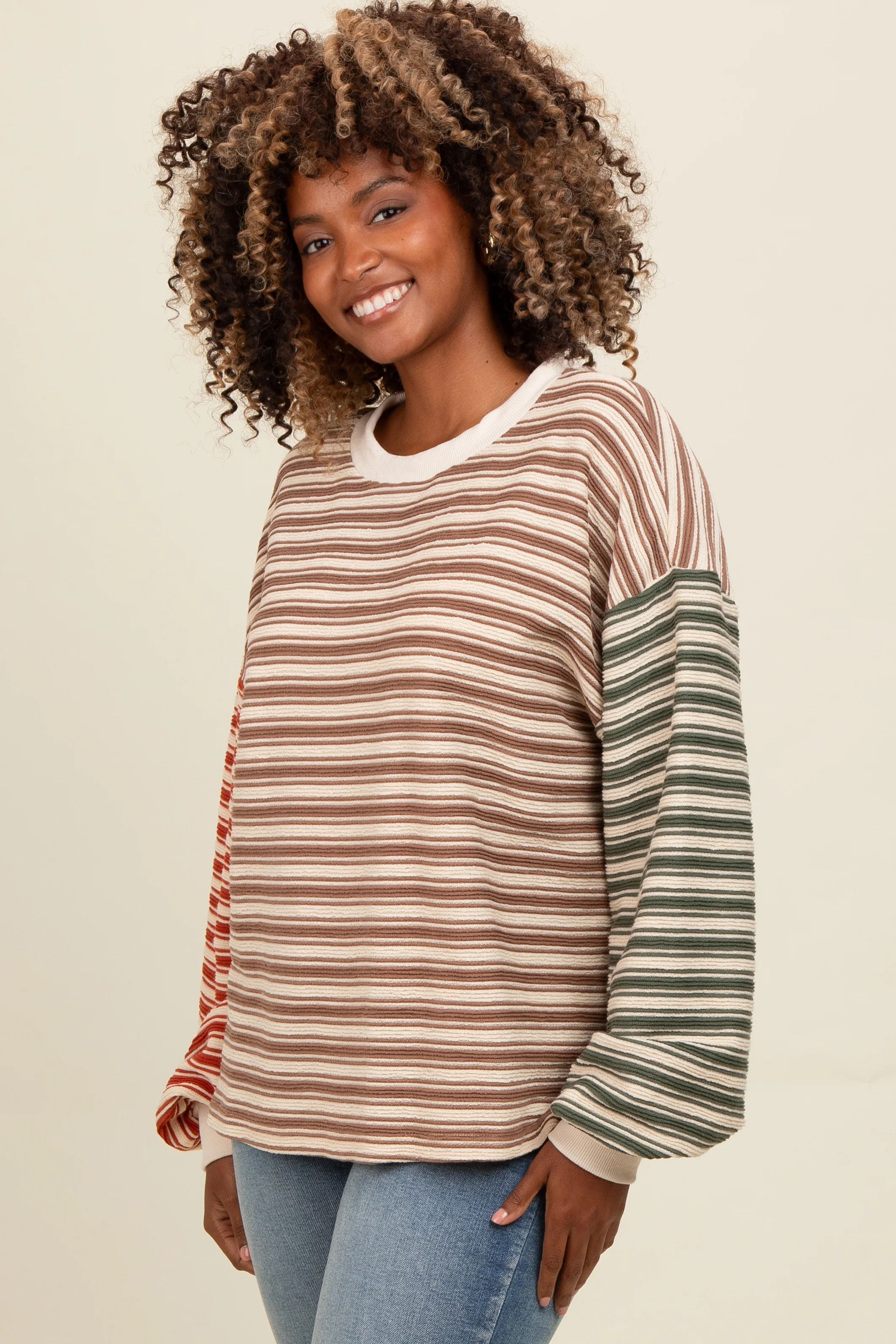 Brown Striped Colorblock Bubble Sleeve Top - Image 3