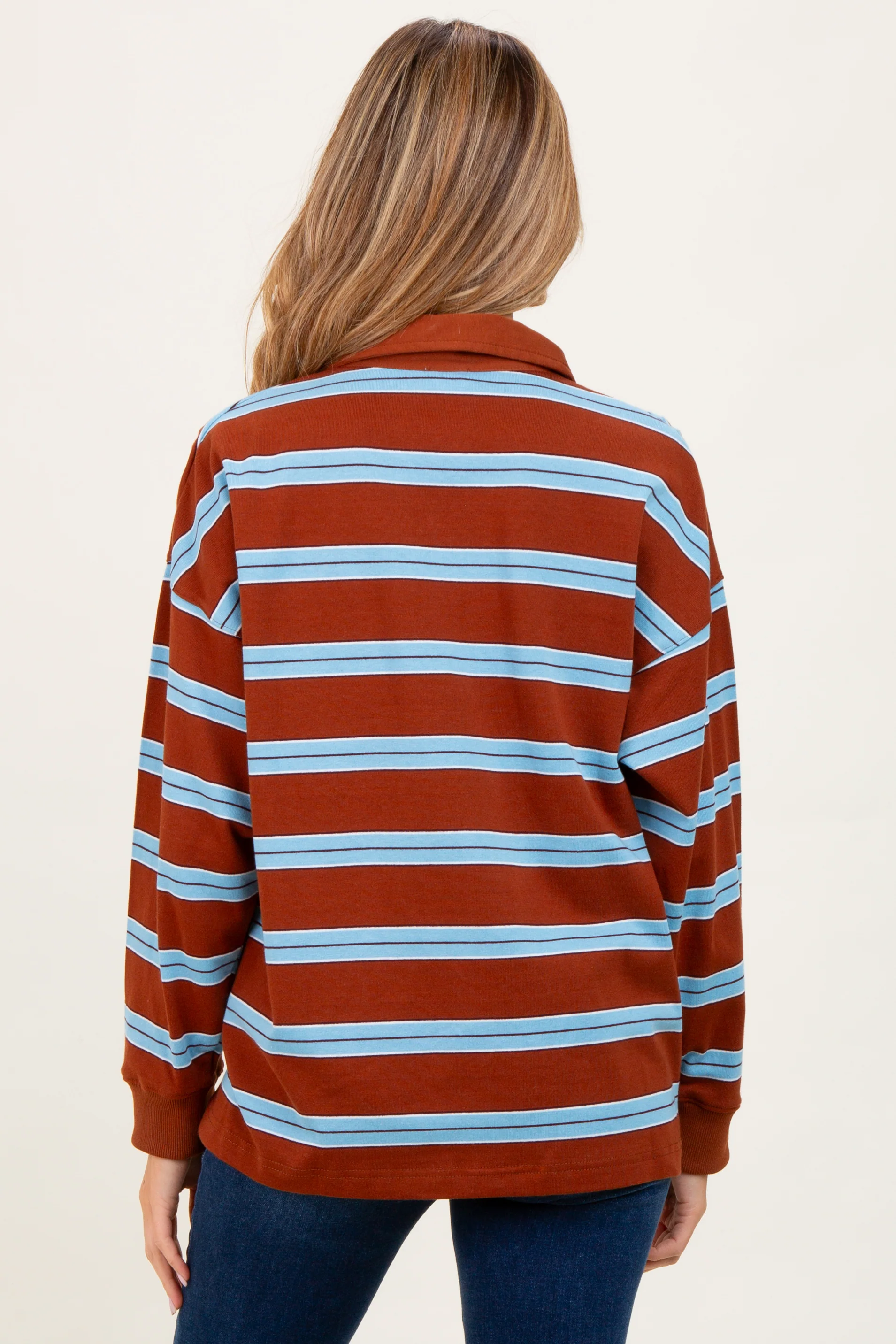 Brown Striped Oversized Long Sleeve Maternity Polo Top - Image 3