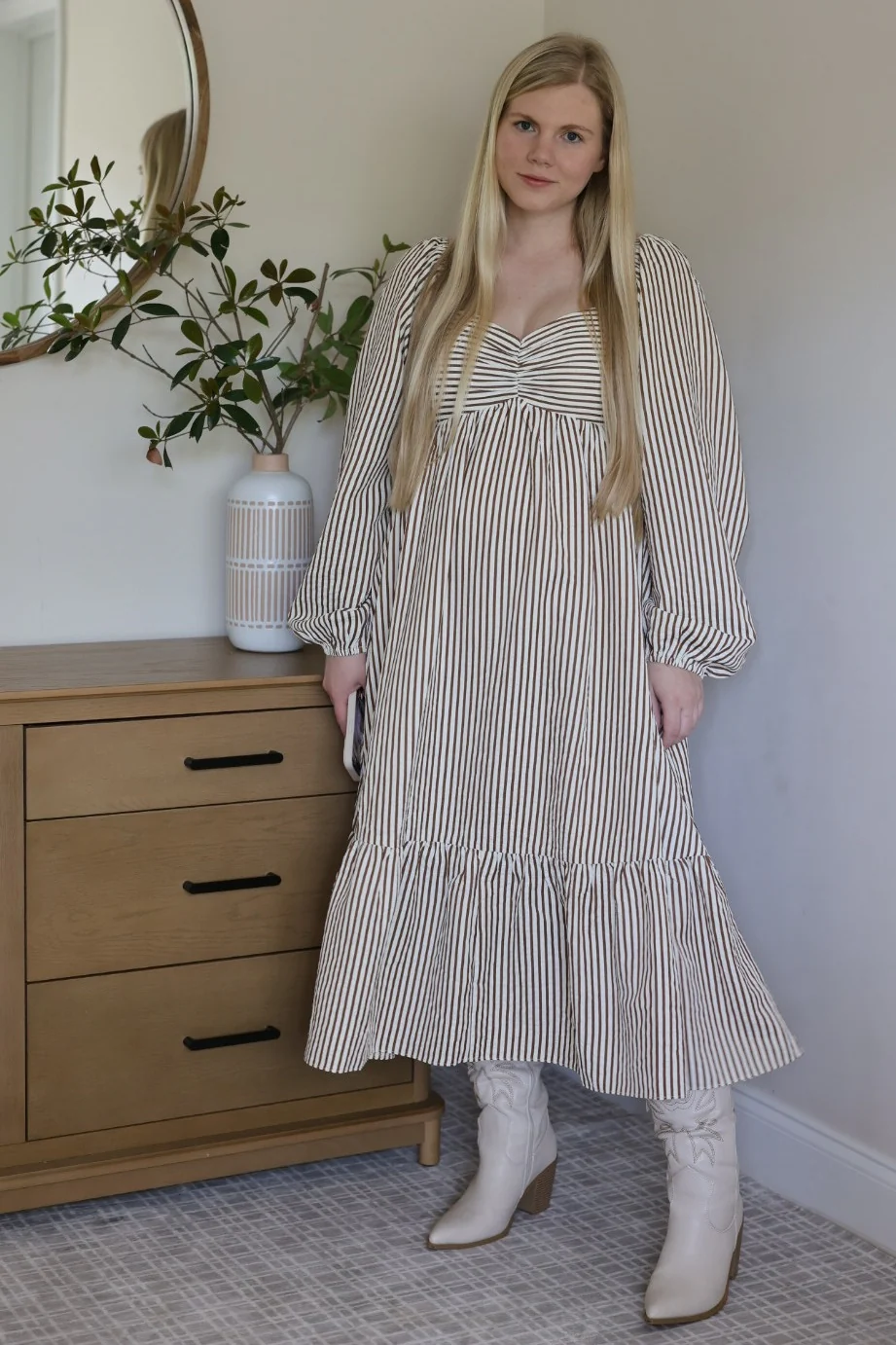 Brown Striped Ruched Bodice Balloon Sleeved Maternity Midi Dress - Image 4