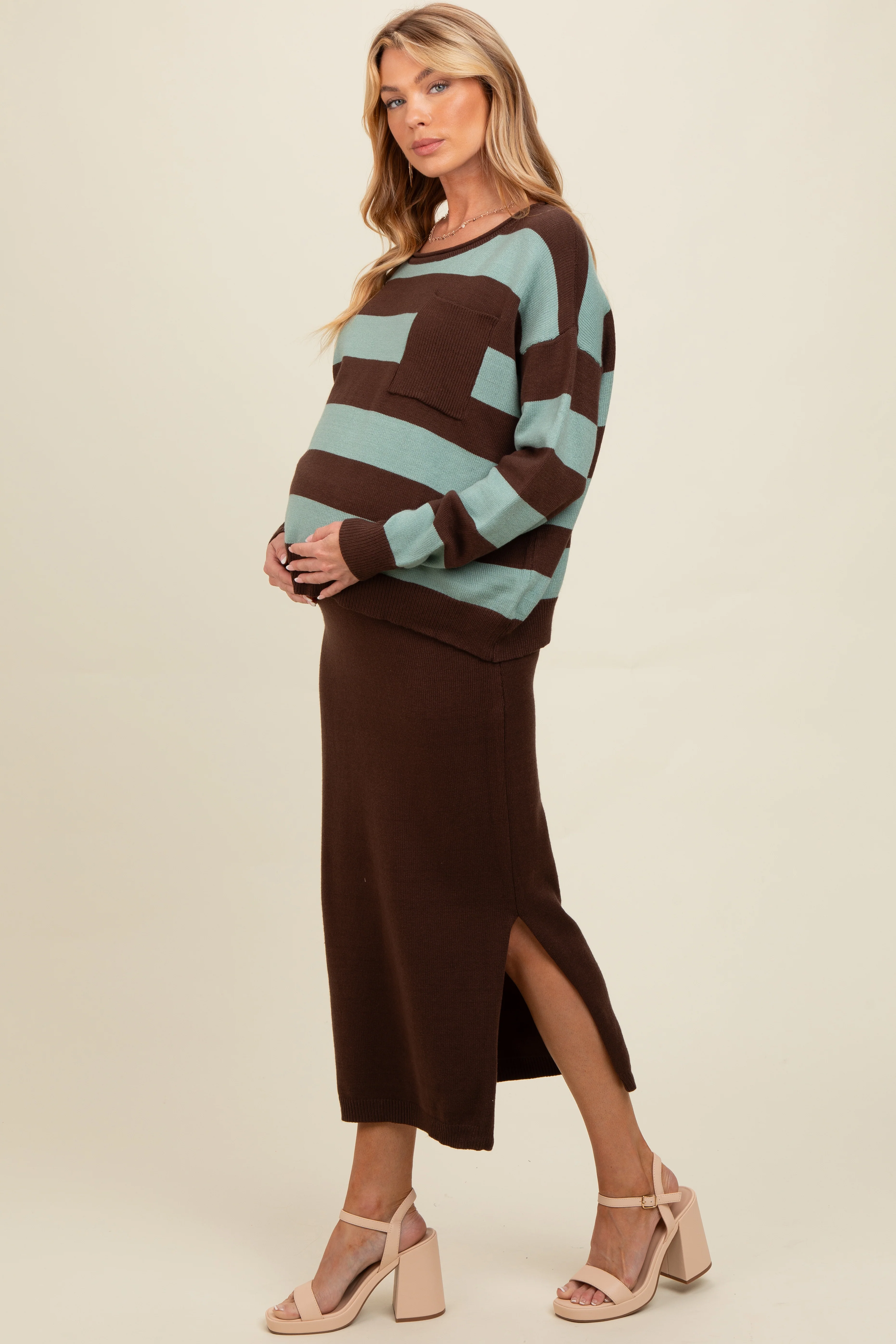 Brown Striped Sweater And Fitted Midi Skirt Maternity Set - Image 3