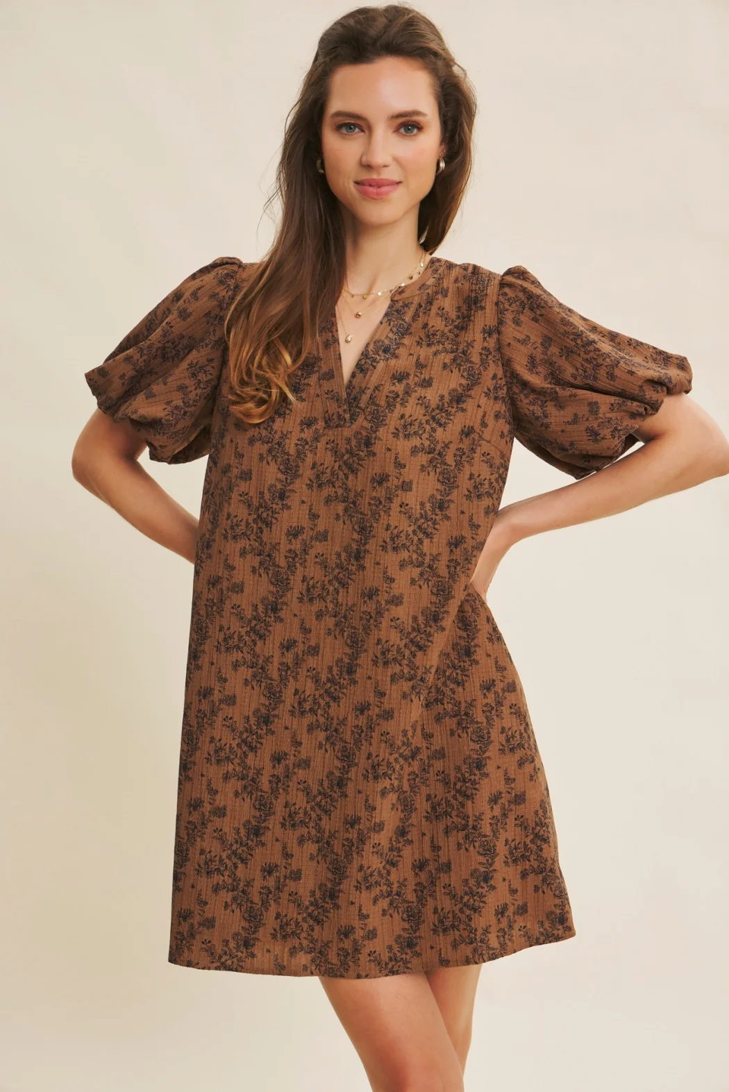 Brown Textured Floral Bubble Sleeve A-Line Maternity Mini Dress - Image 4