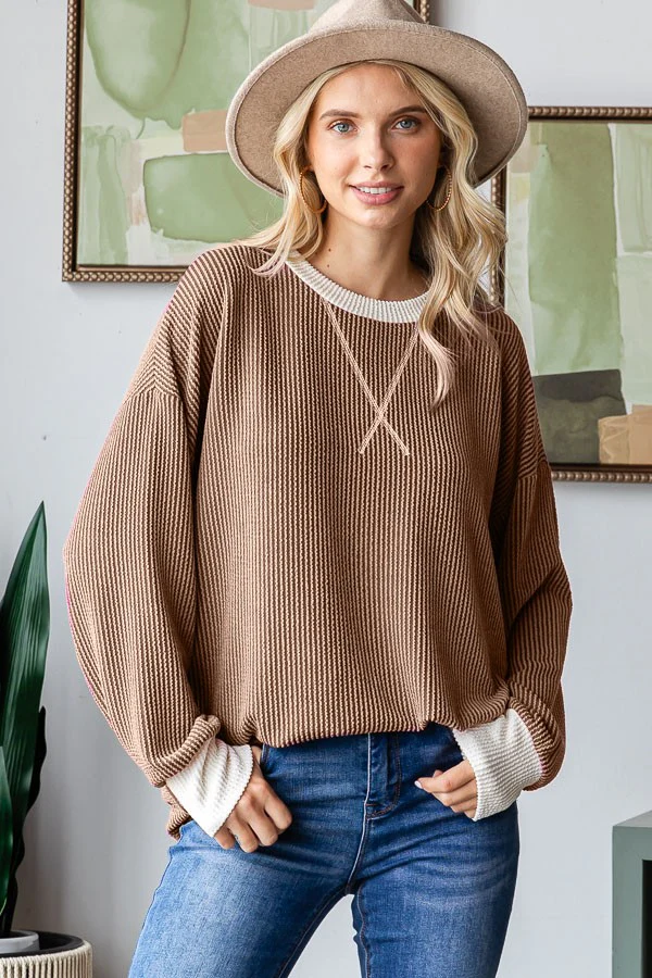 Brown Textured Rib Relaxed Fit Maternity Pullover Top - Image 5