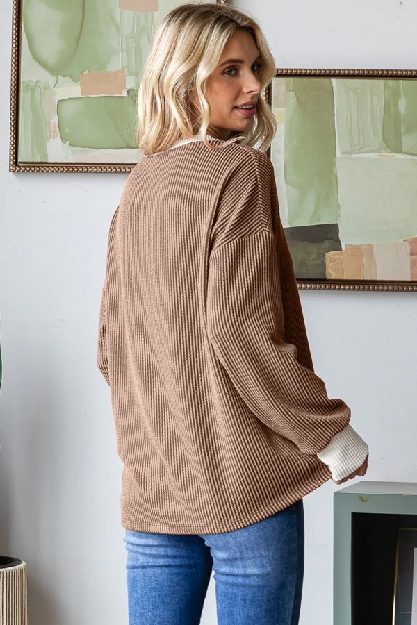 Brown Textured Rib Relaxed Fit Pullover Top - Image 3