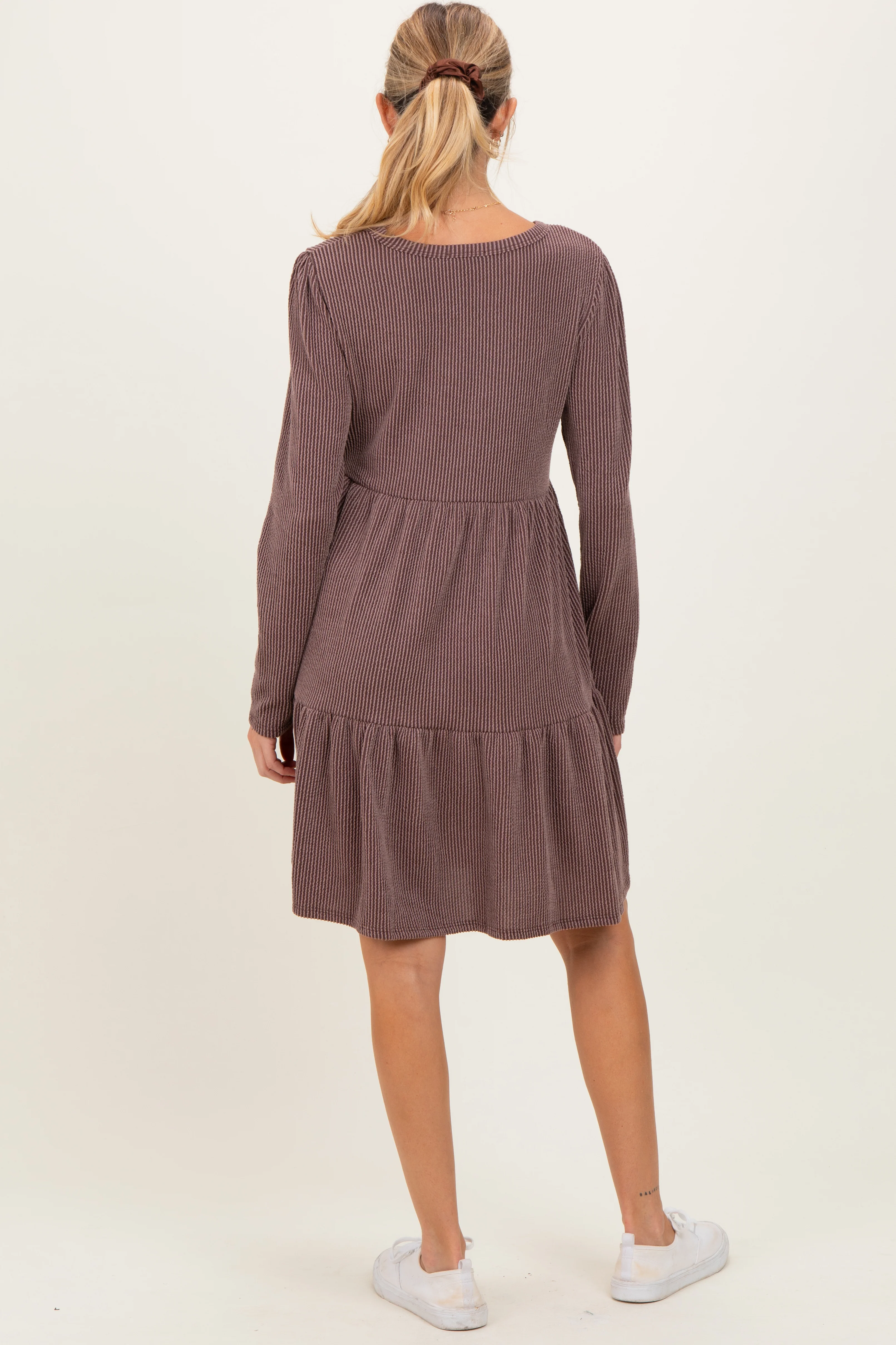Brown Textured Rib Tiered Long Sleeve Maternity Dress - Image 3
