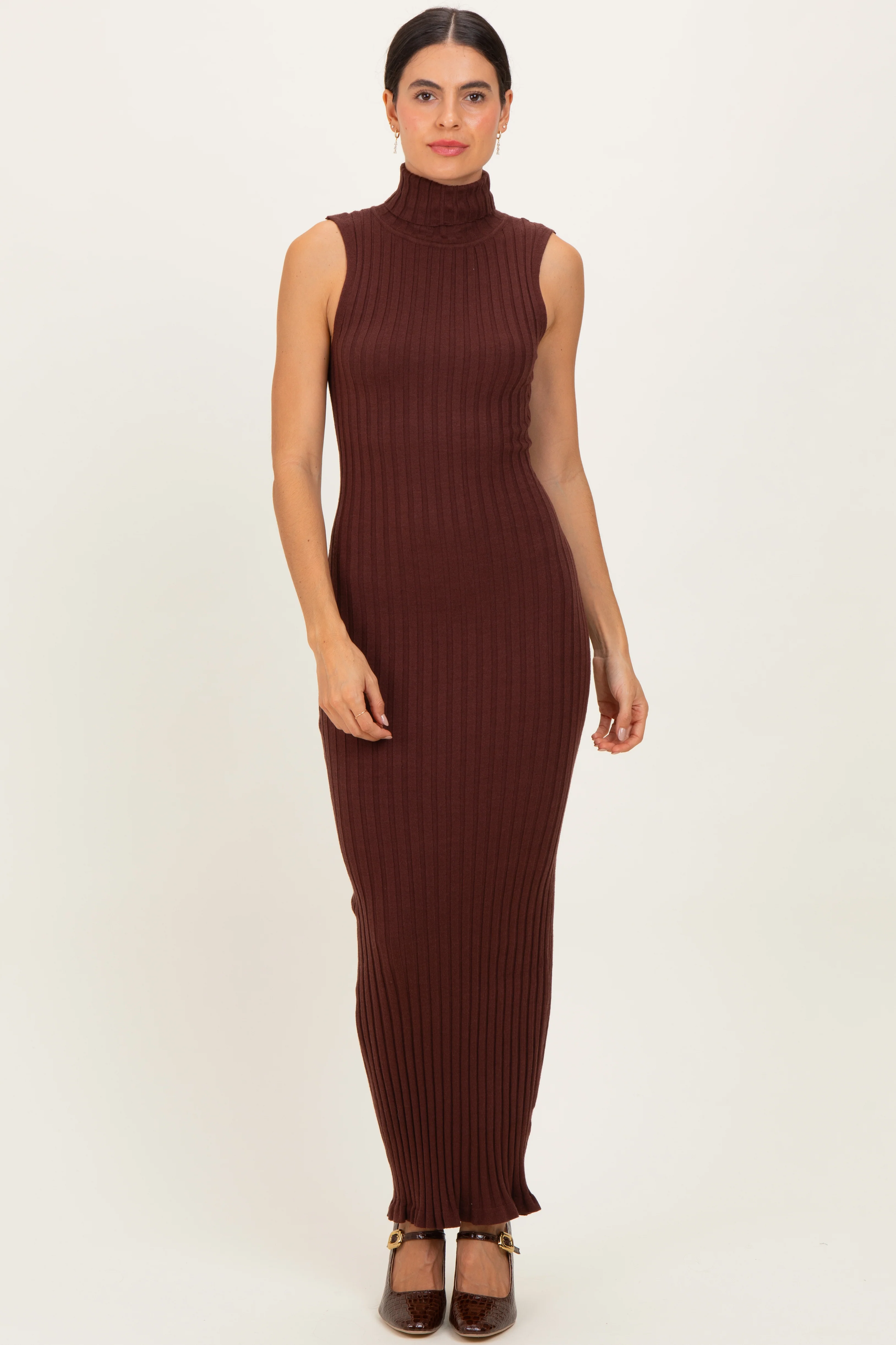 Brown Turtleneck Ribbed Knit Sleeveless Maternity Maxi Dress - Image 5