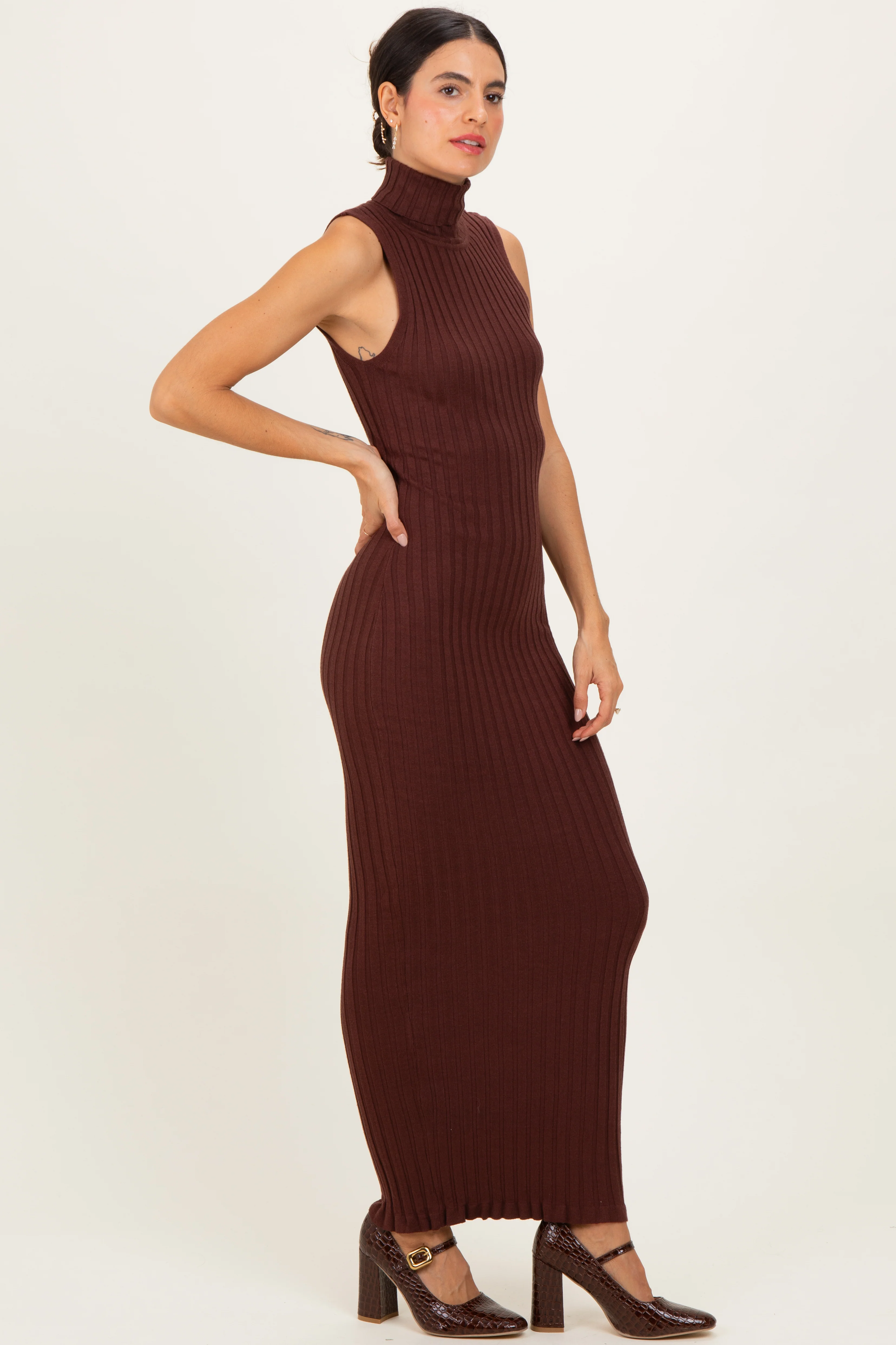Brown Turtleneck Ribbed Knit Sleeveless Maxi Dress - Image 3