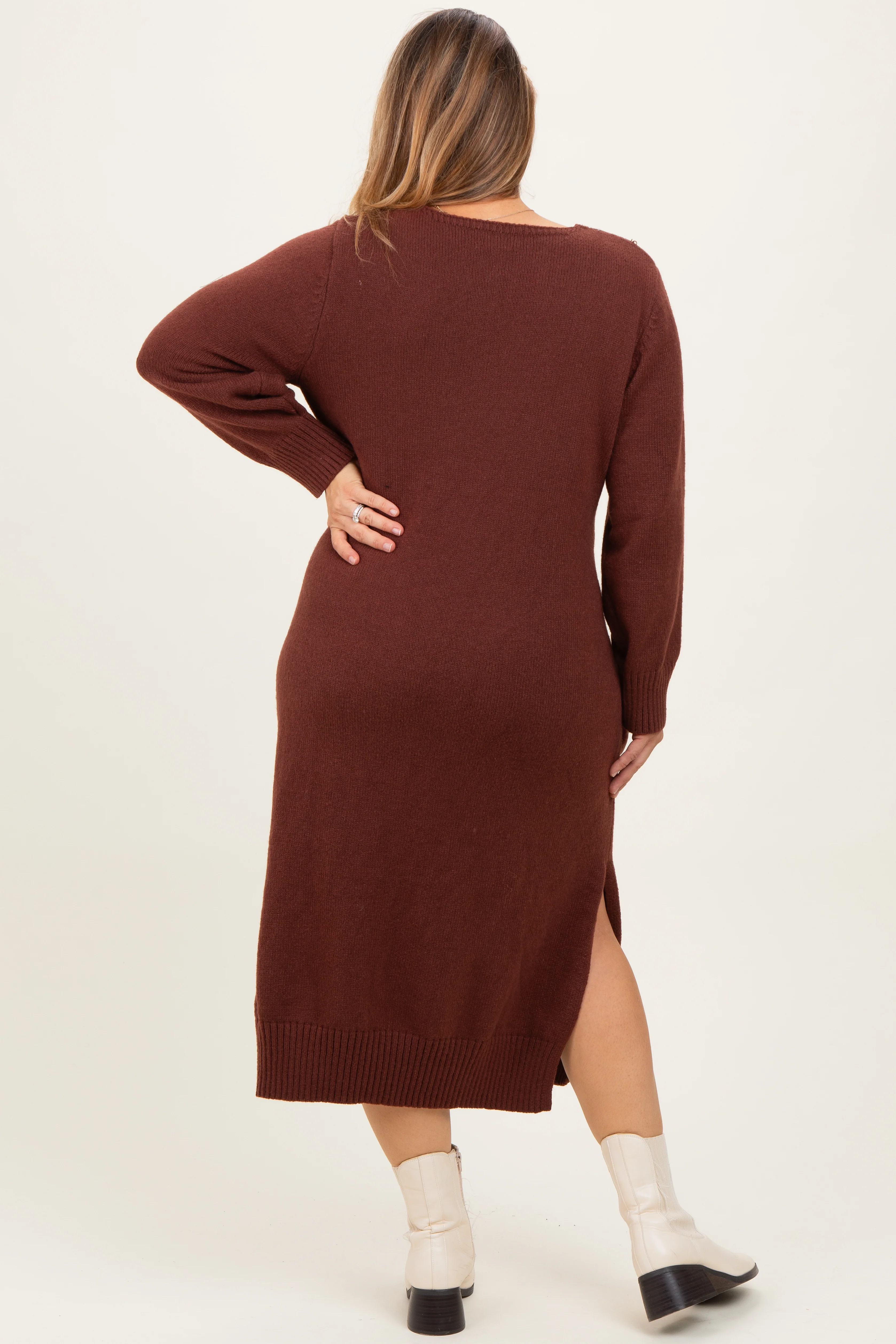 Brown V-Neck Relaxed Fit Maternity Plus Sweater Dress - Image 3
