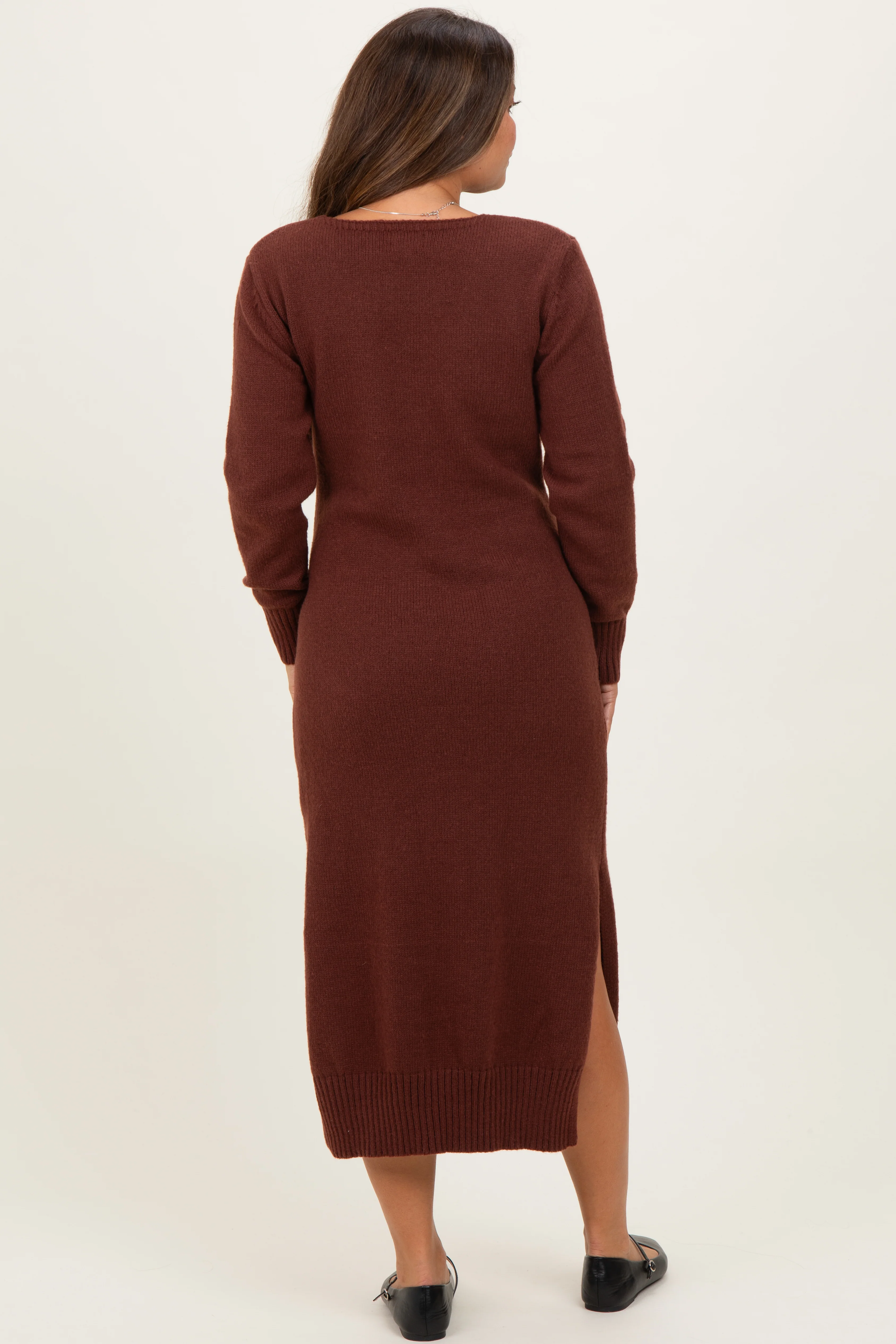 Brown V-Neck Relaxed Fit Maternity Sweater Dress - Image 4