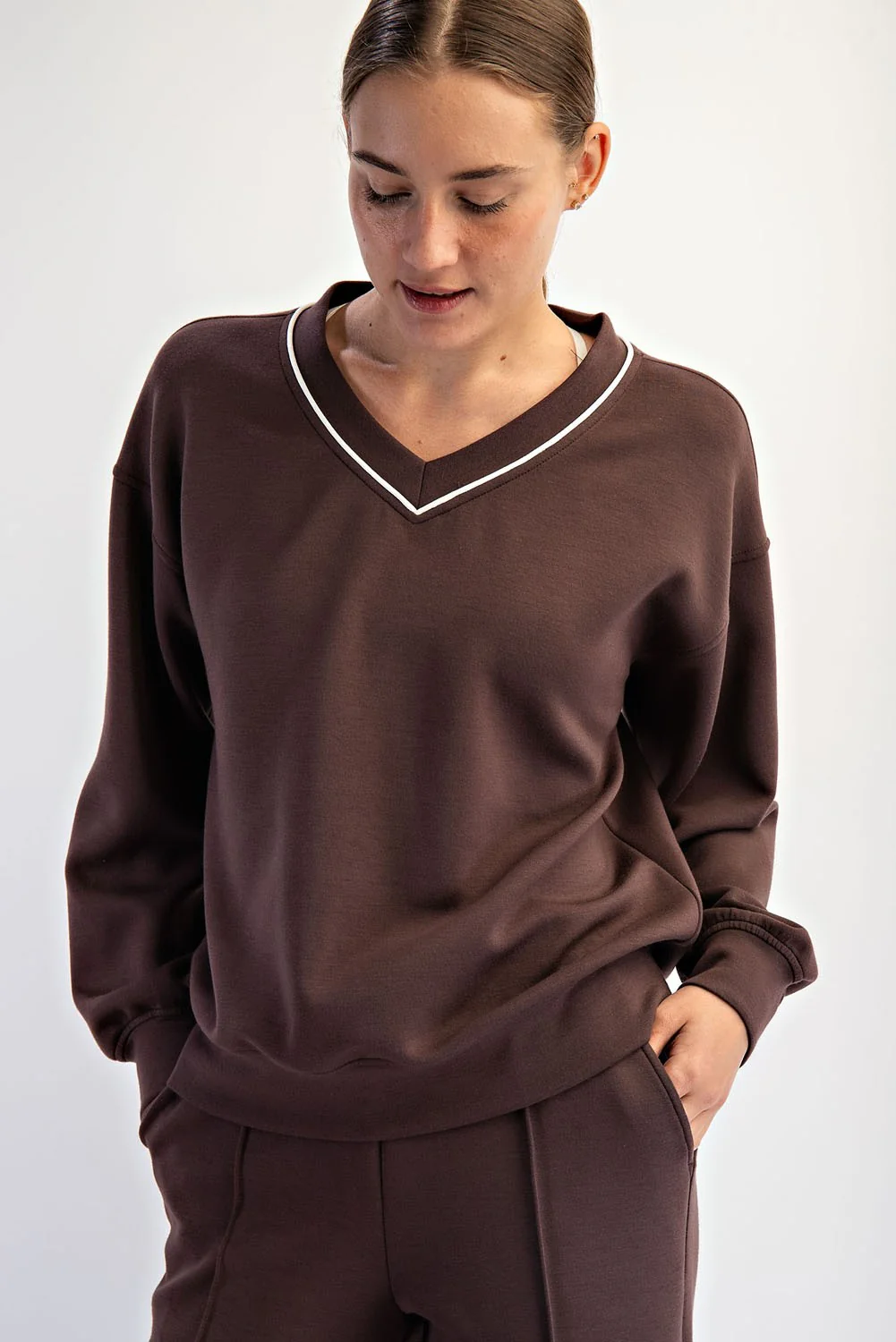 Brown V-Neck Sweatshirt - Image 4