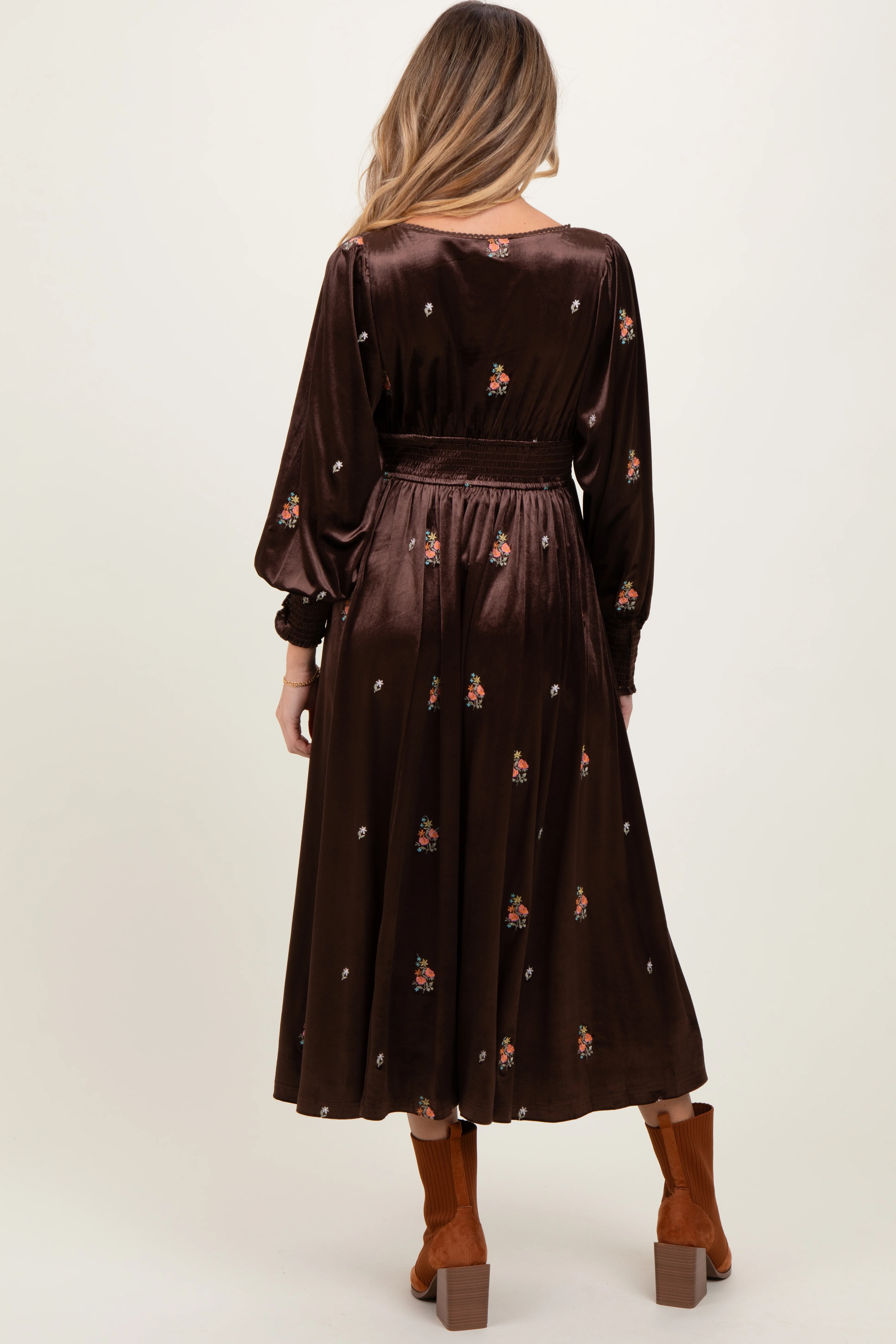 Brown Velvet Embroidered Floral Maternity Midi Dress - Image 4