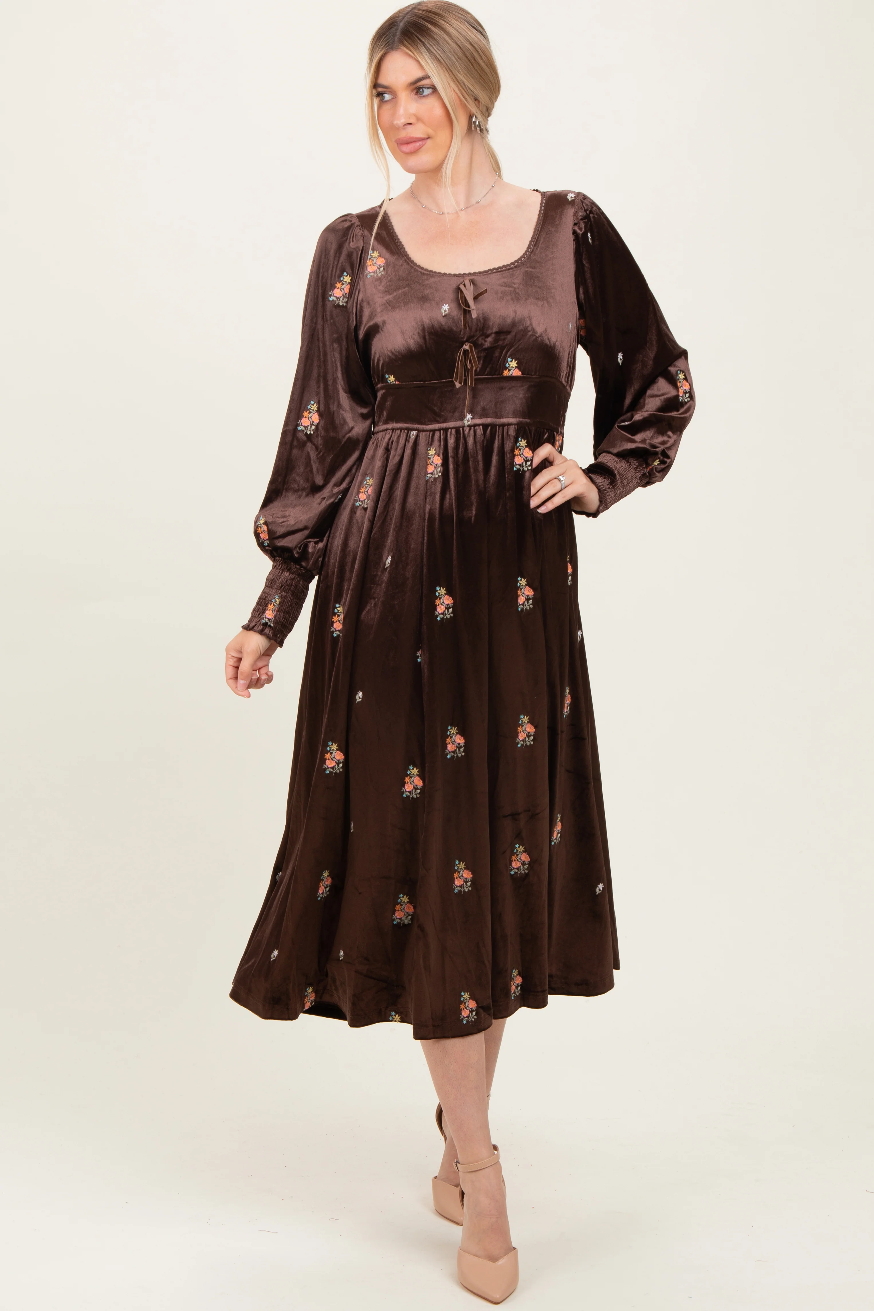 Brown Velvet Embroidered Floral Maternity Midi Dress - Image 5