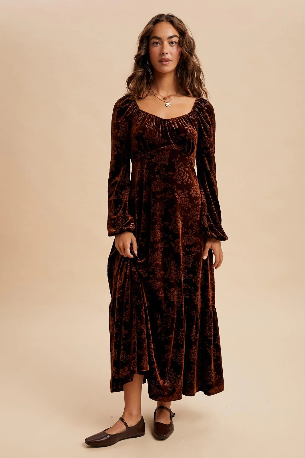 Brown Velvet Jacquard Floral Maternity Maxi Dress - Image 5