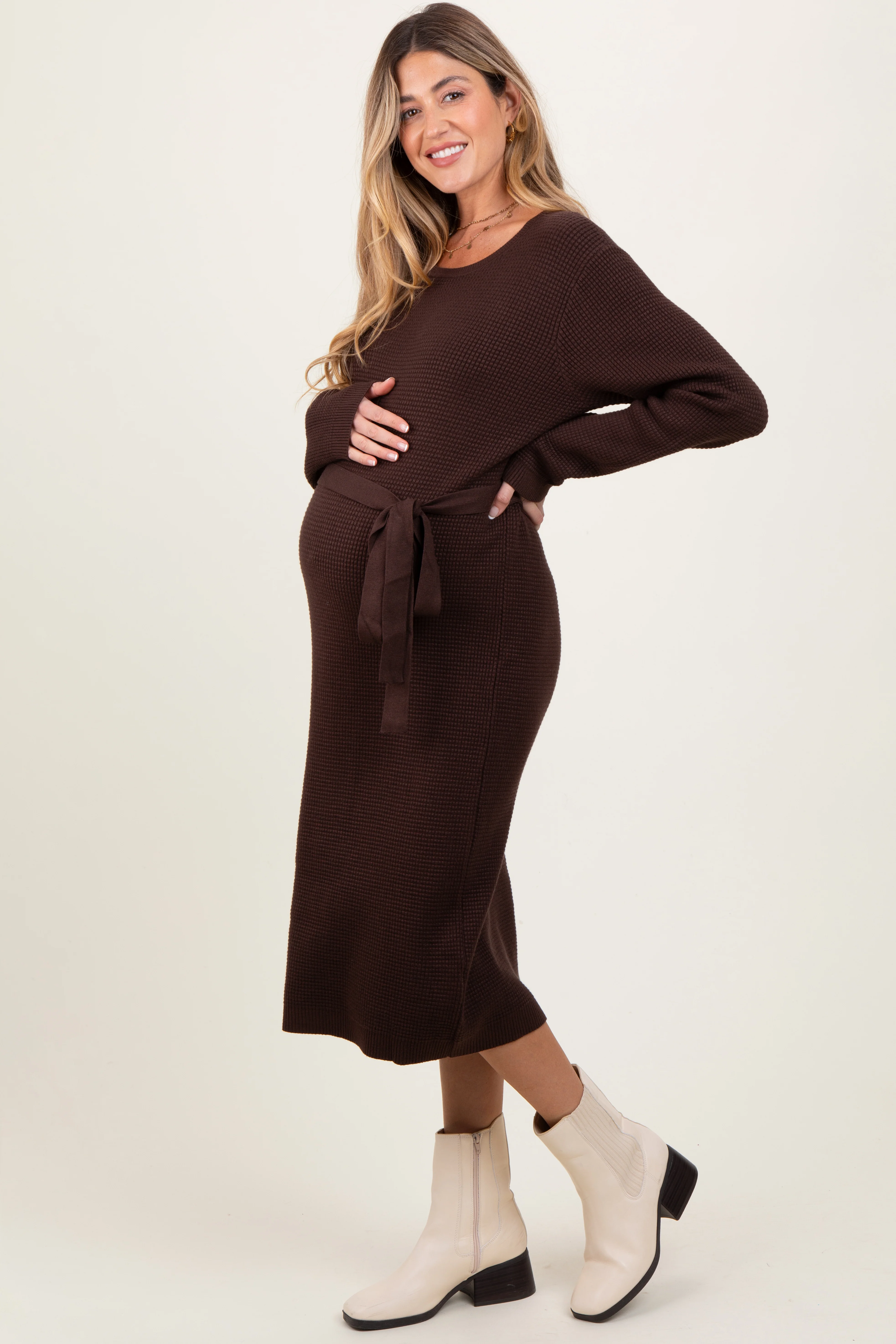 Brown Waffle Knit Sash Tie Maternity Midi Sweater Dress - Image 2