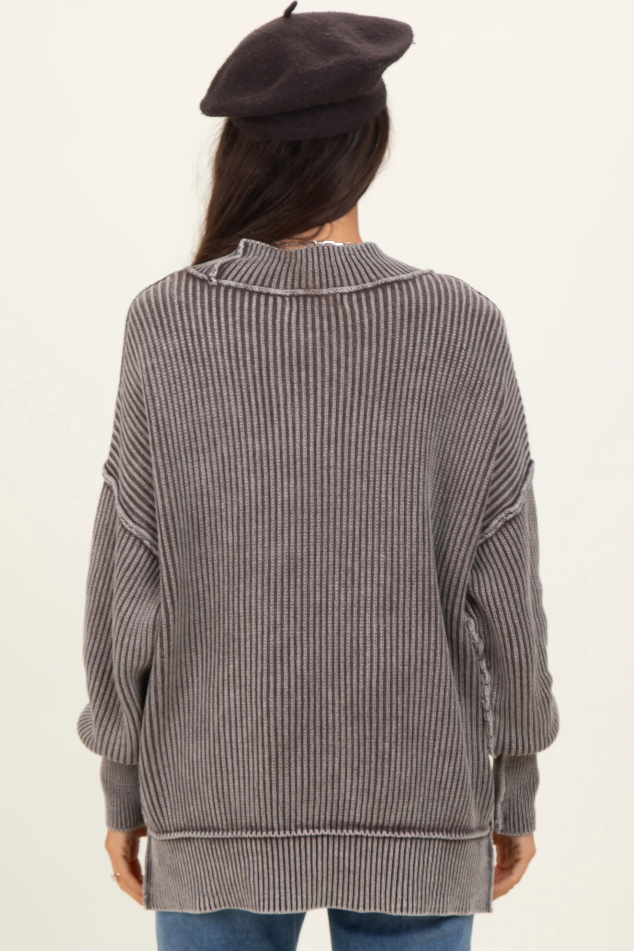 Brown Washed Side Slit Oversized Sweater - Image 2