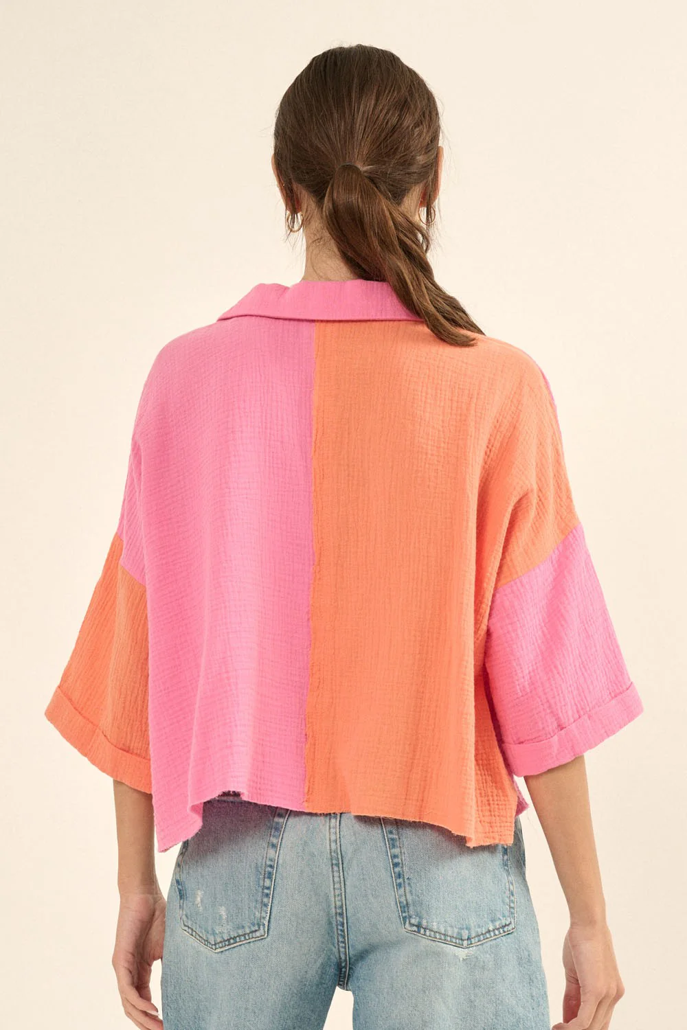 Bubble Gum Color Block Crinkle Cotton Raw Edge Hem Shirt - Image 3