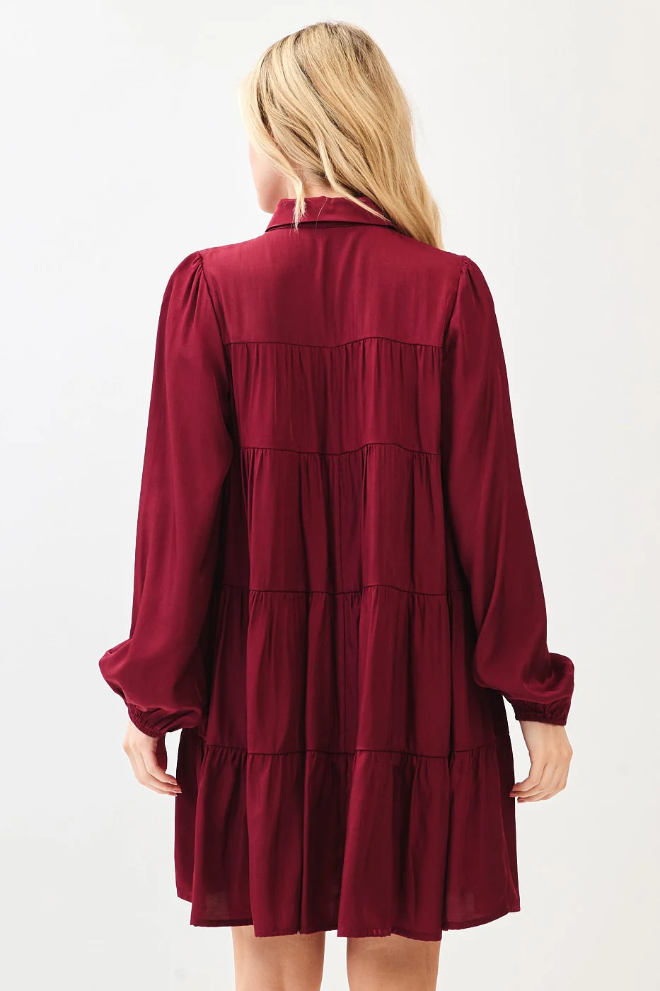 Burgundy Balloon Sleeve Tiered Shirt Dress - Image 4