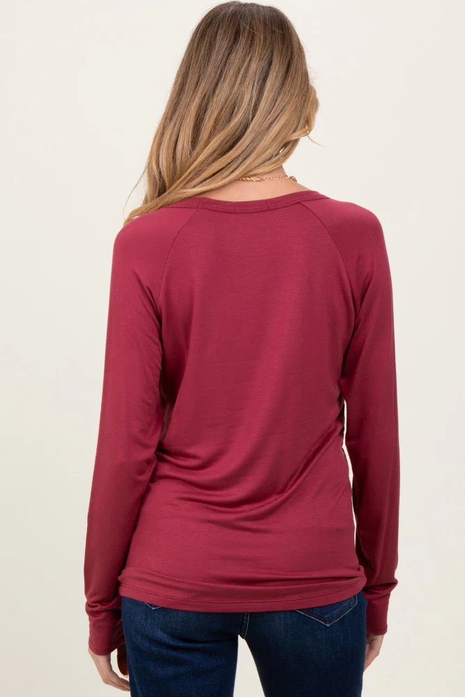 Burgundy Basic Boatneck Maternity Long Sleeve Top - Image 3