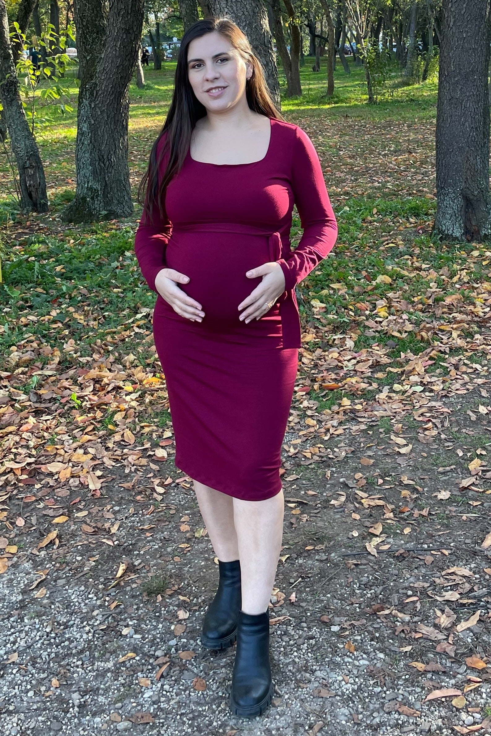 Burgundy Basic Square Neck Maternity Midi Dress - Image 7