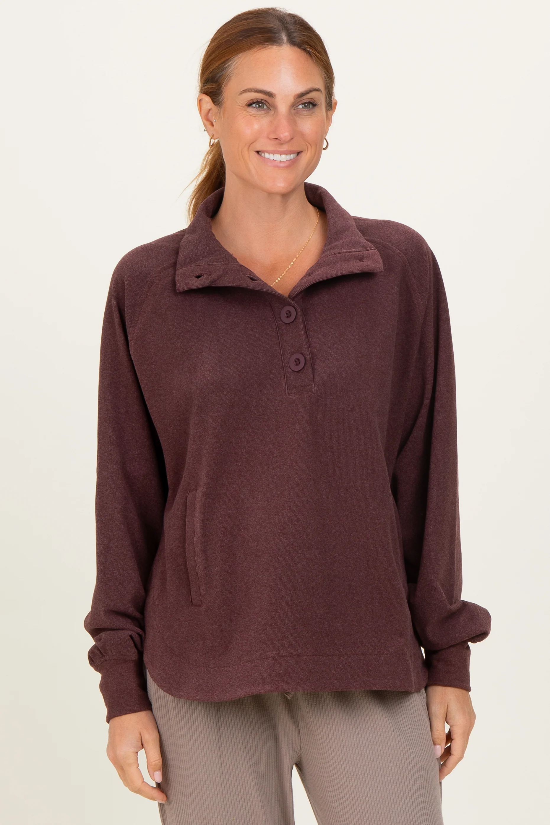 Burgundy Brushed Knit Button Collar Maternity Pullover - Image 5