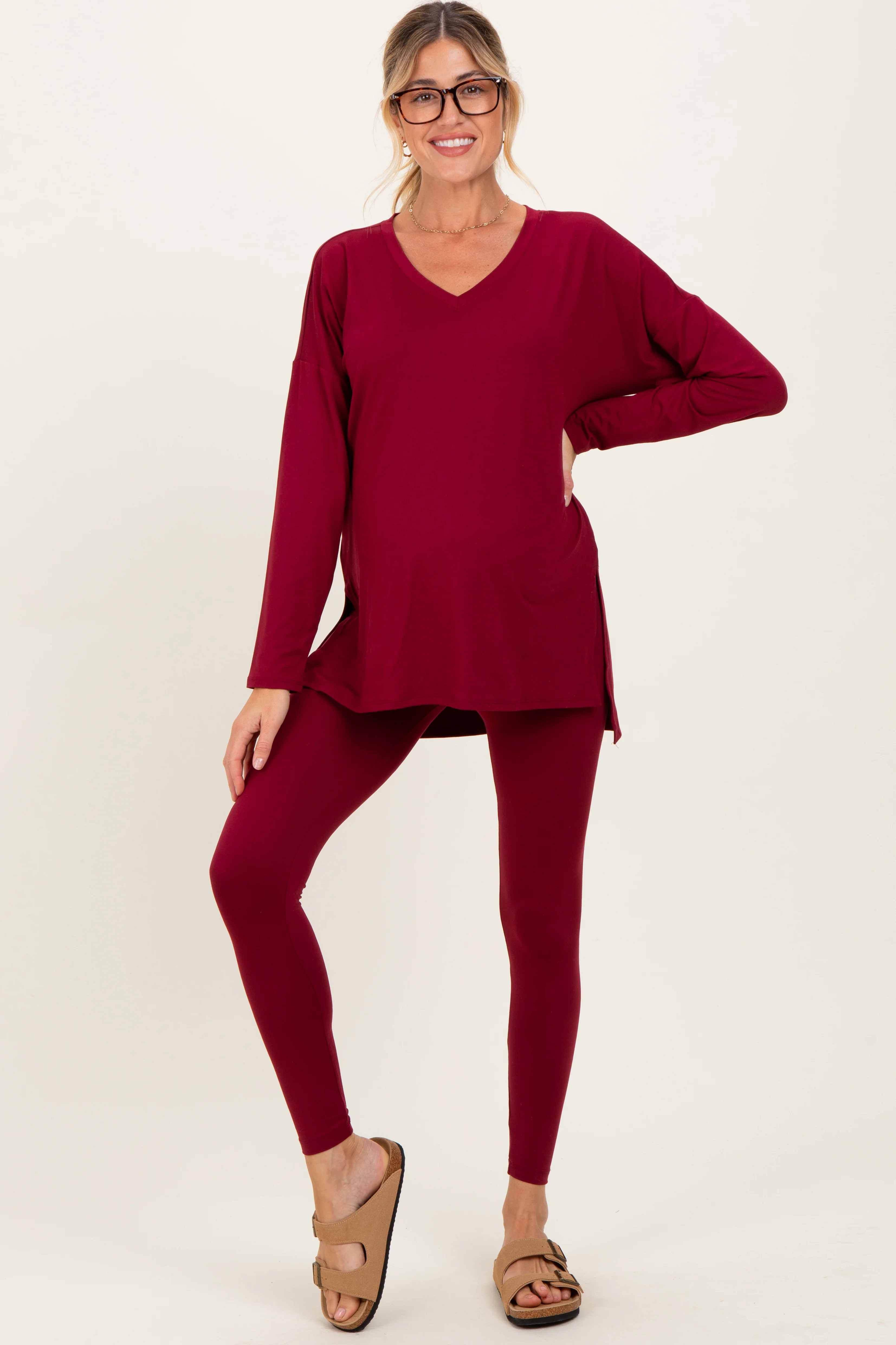Burgundy Brushed Knit Maternity Oversized Top and Legging Set - Image 2