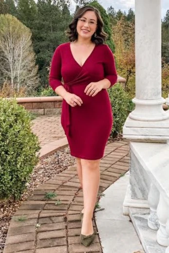 Burgundy Brushed Knit Wrap Fitted Nursing Dress - Image 6