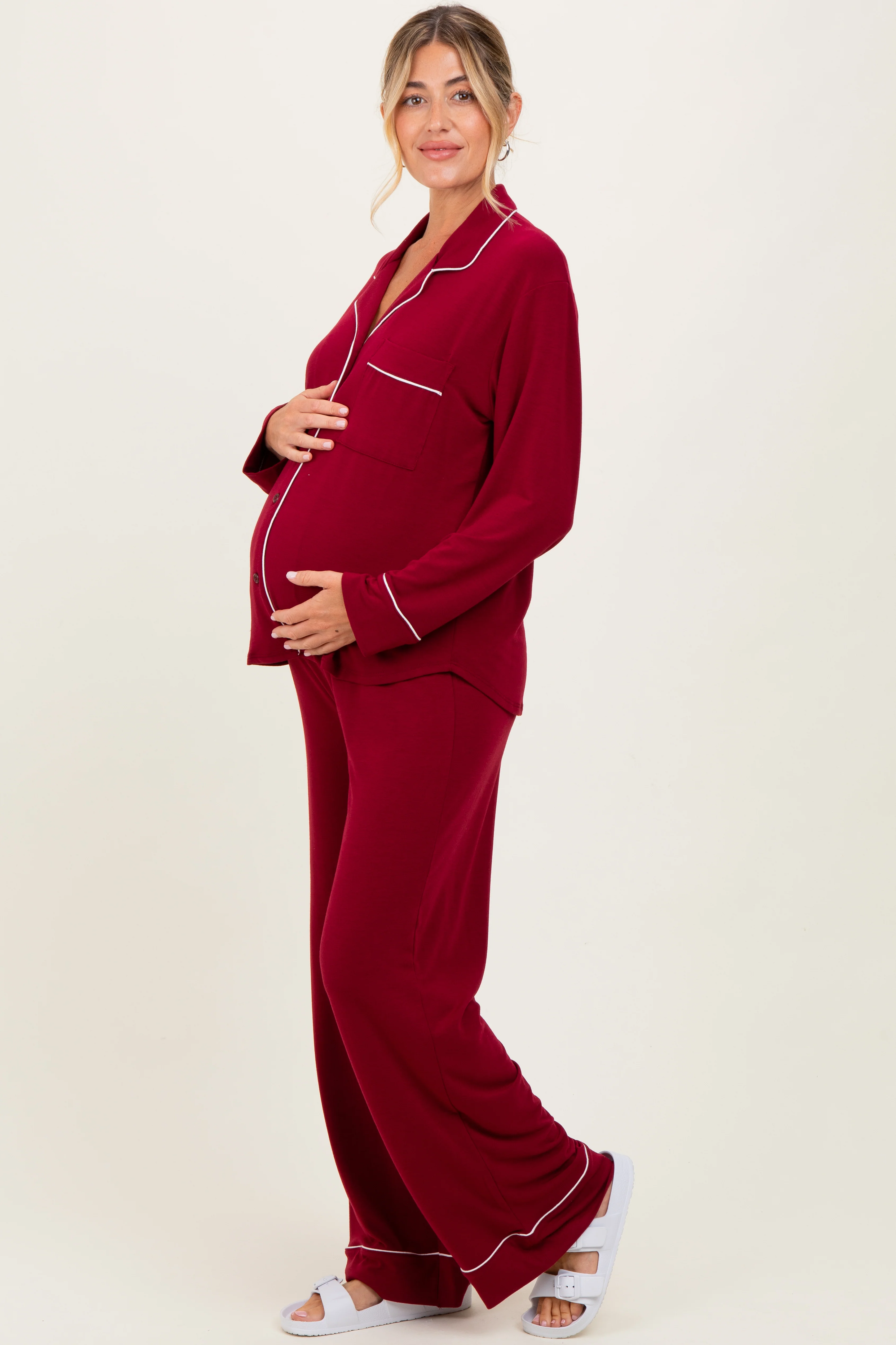 Burgundy Button Down Top Wide Leg Pant Maternity Pajama Set - Image 2