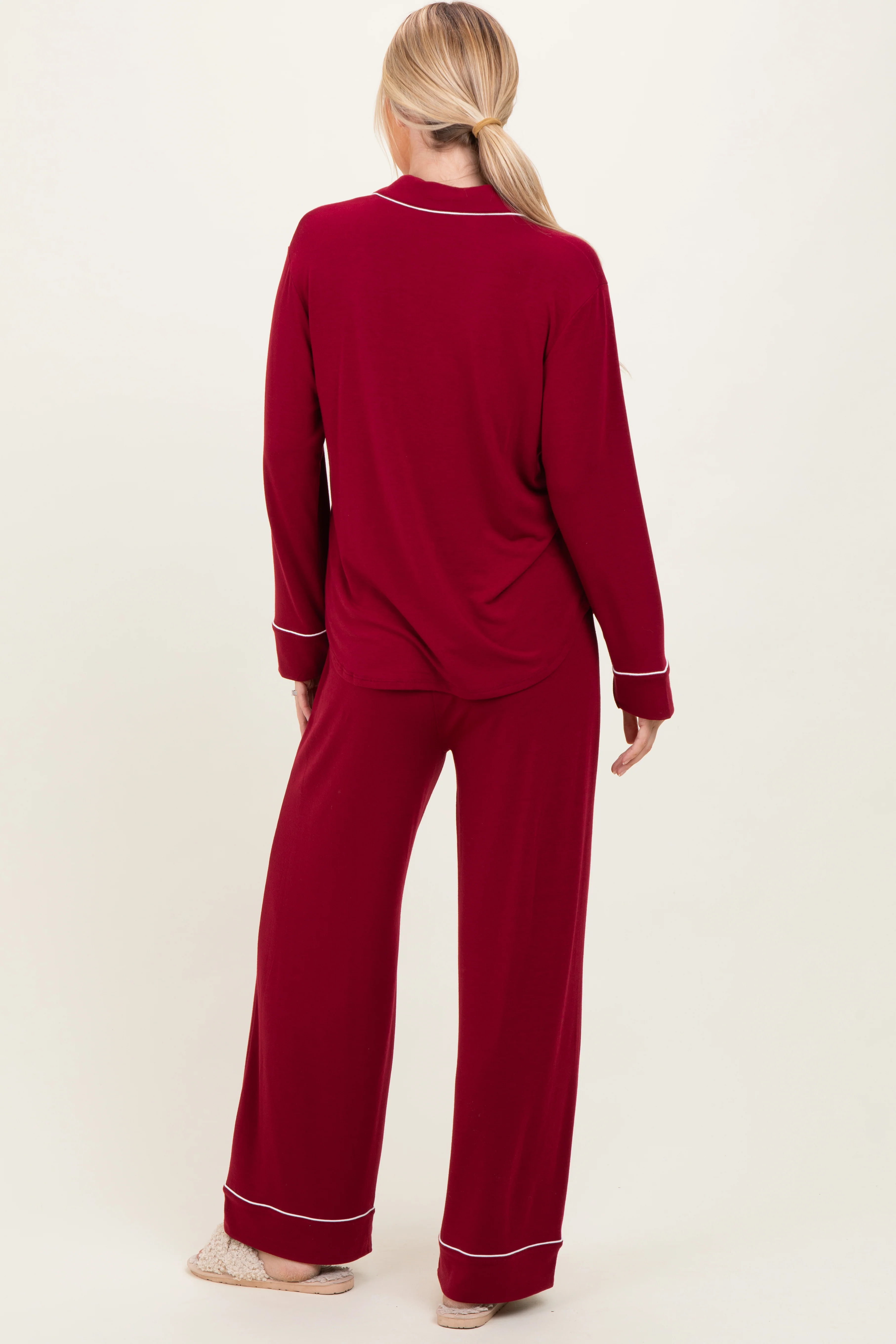 Burgundy Button Down Top Wide Leg Pant Pajama Set - Image 4