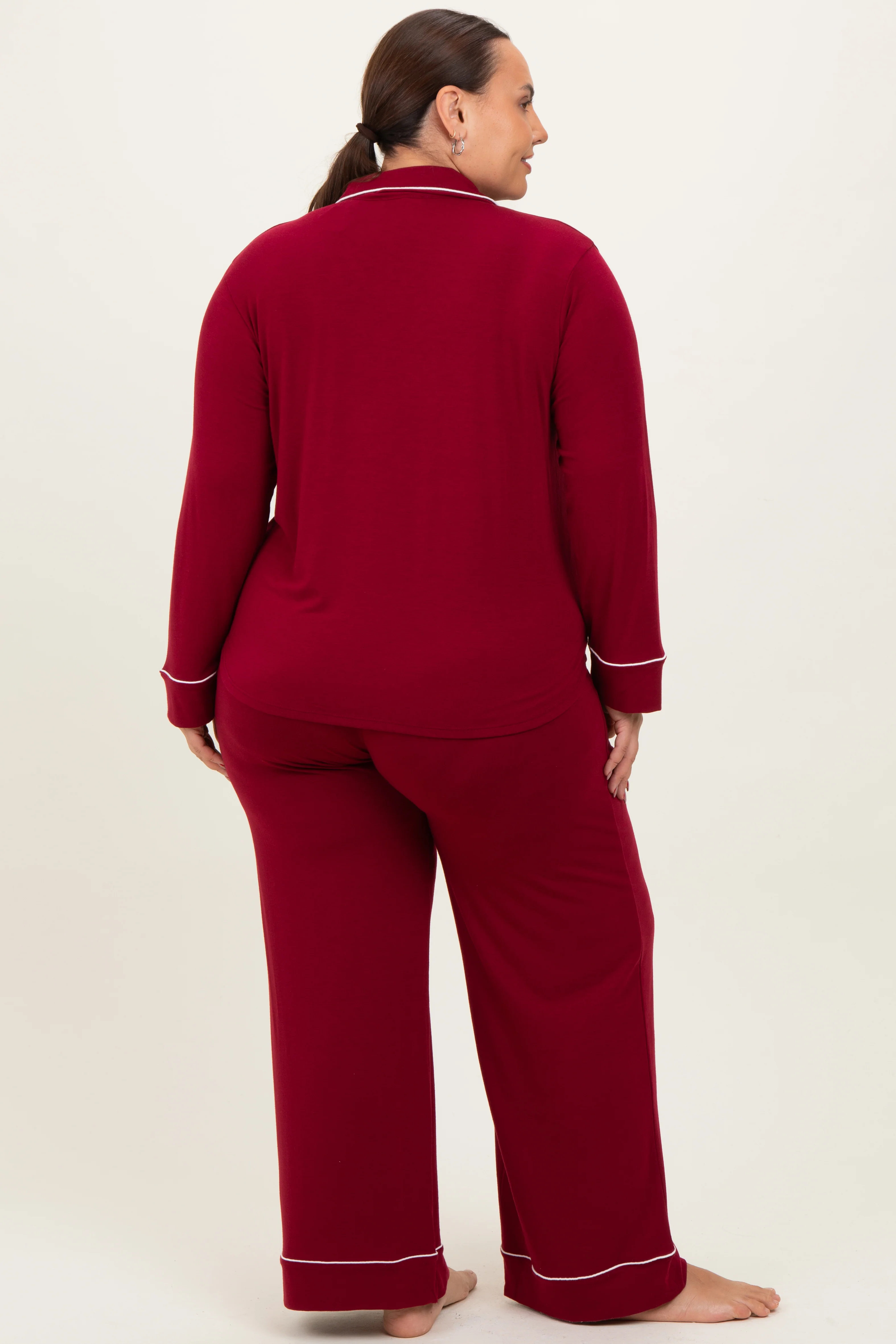Burgundy Button Down Top Wide Leg Pant Plus Pajama Set - Image 3