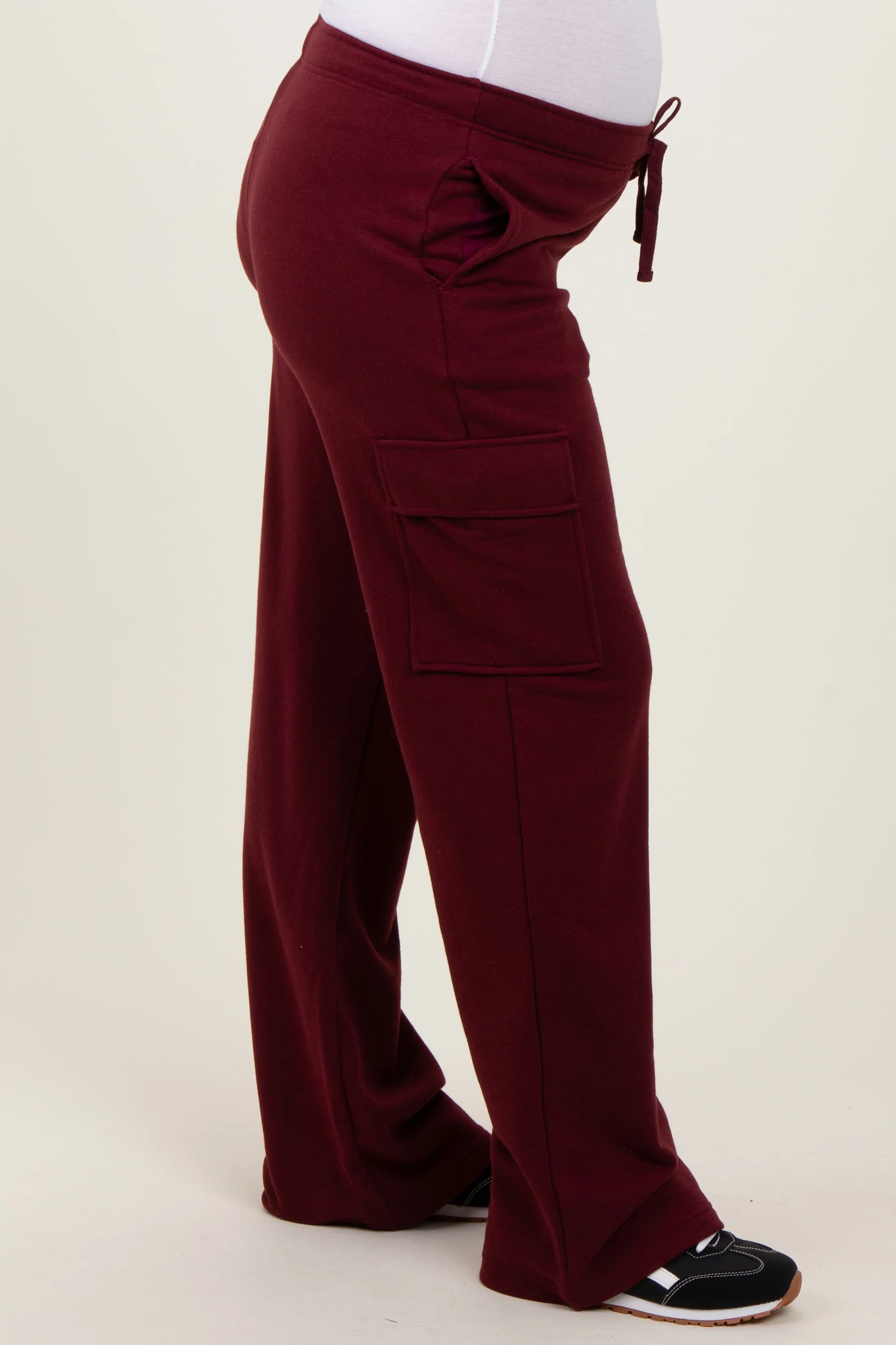 Burgundy Cargo Pocket Straight Leg Maternity Sweatpants - Image 3
