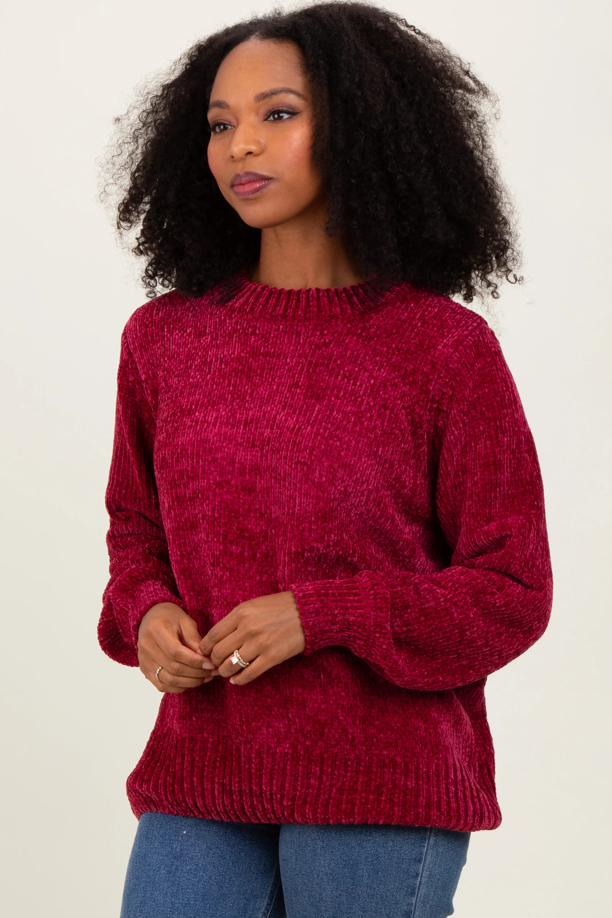 Burgundy Chenille Knit Balloon Sleeve Sweater - Image 3