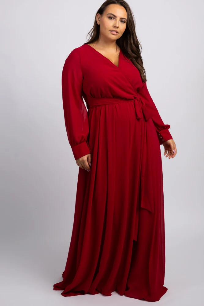 Burgundy Chiffon Long Sleeve Plus Maternity Maxi Dress - Image 5