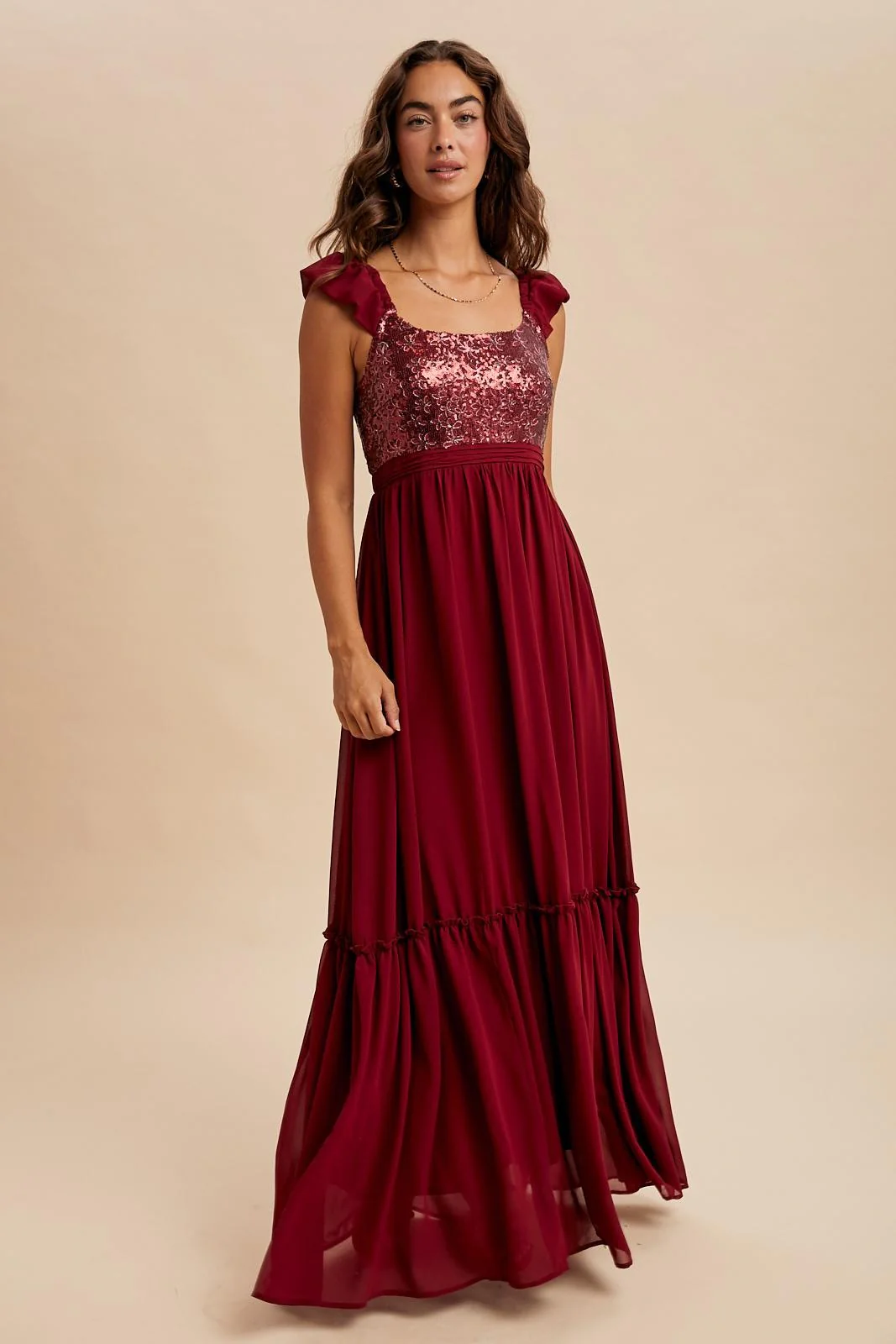 Burgundy Chiffon Sequin Bodice Maxi Dress - Image 3